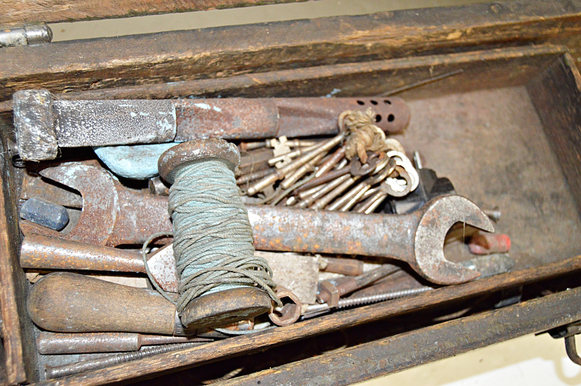 Vintage Painted Wood Toolbox with Tools