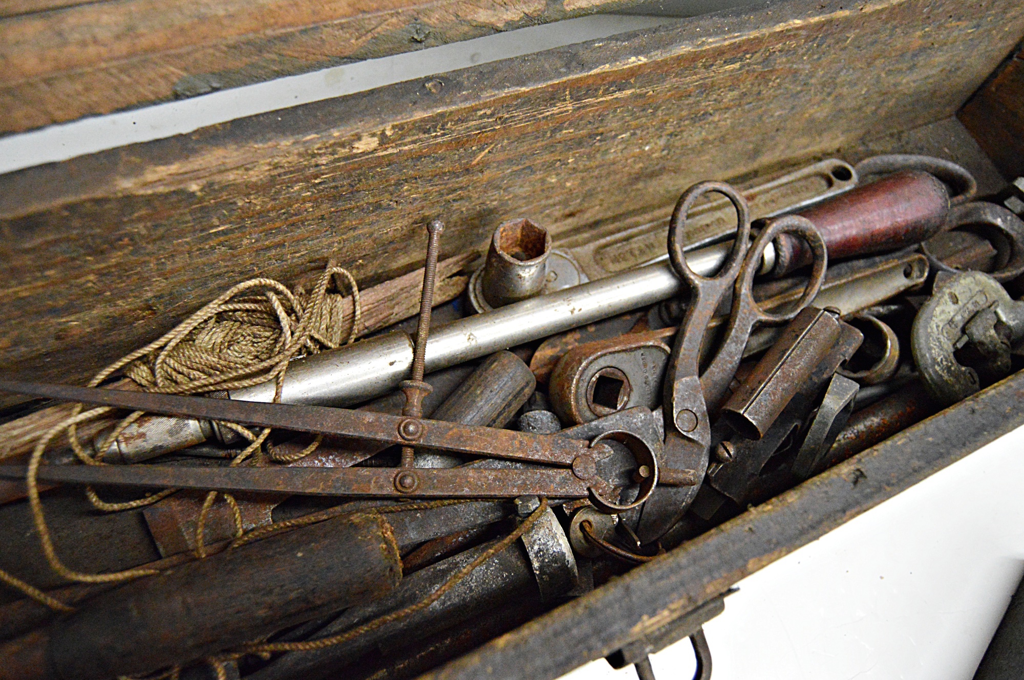 Vintage Painted Wood Toolbox with Tools
