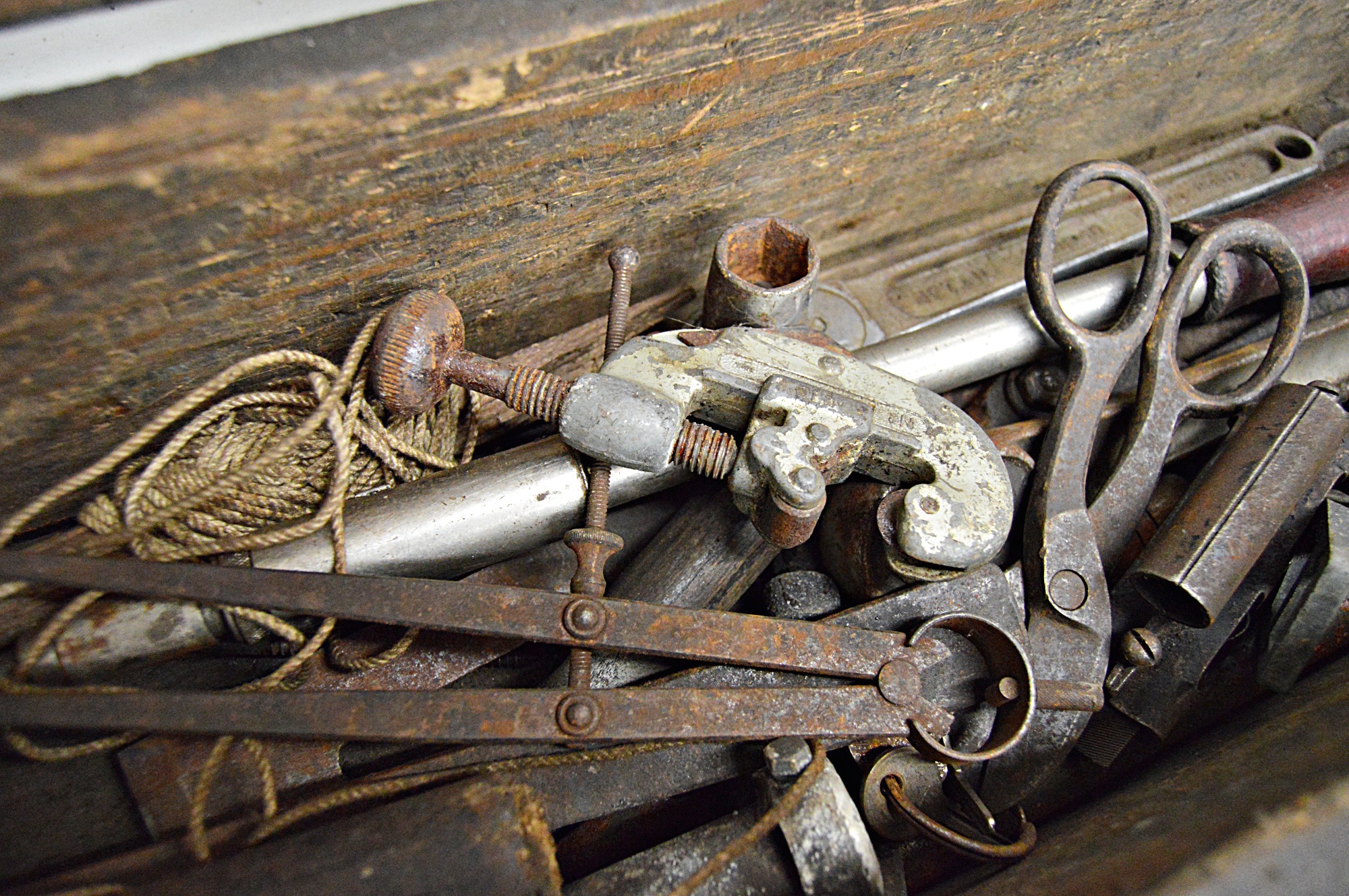 Vintage Painted Wood Toolbox with Tools