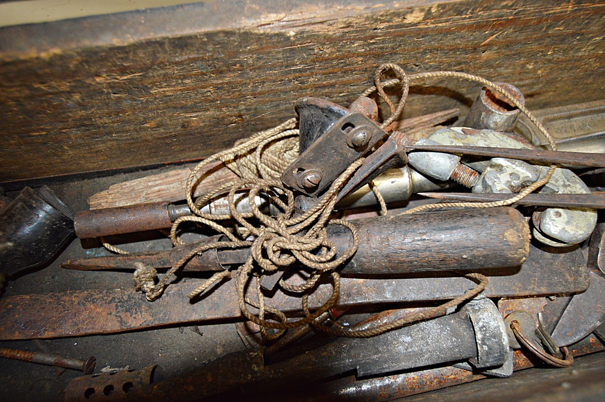 Vintage Painted Wood Toolbox with Tools