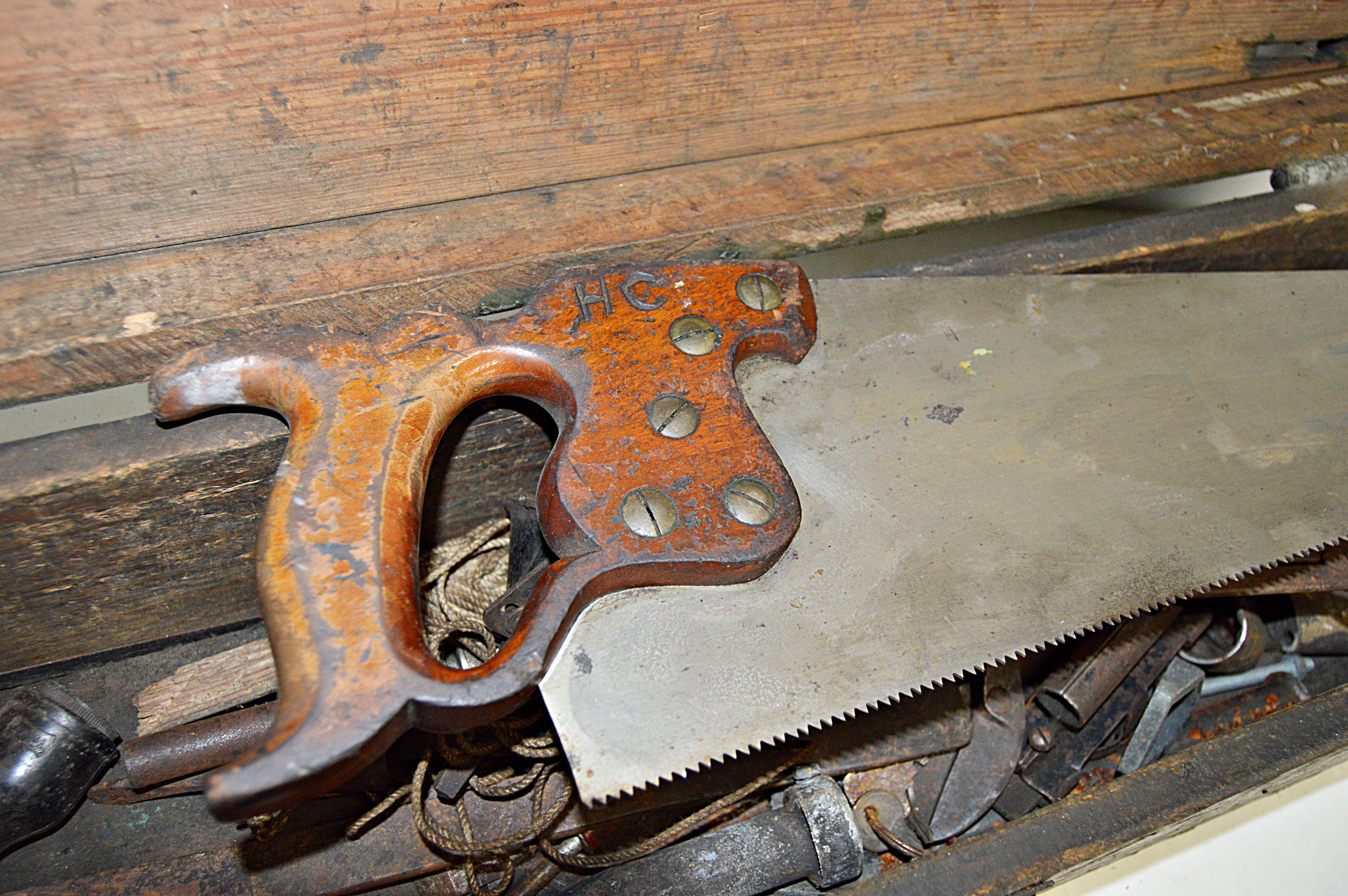 Vintage Painted Wood Toolbox with Tools