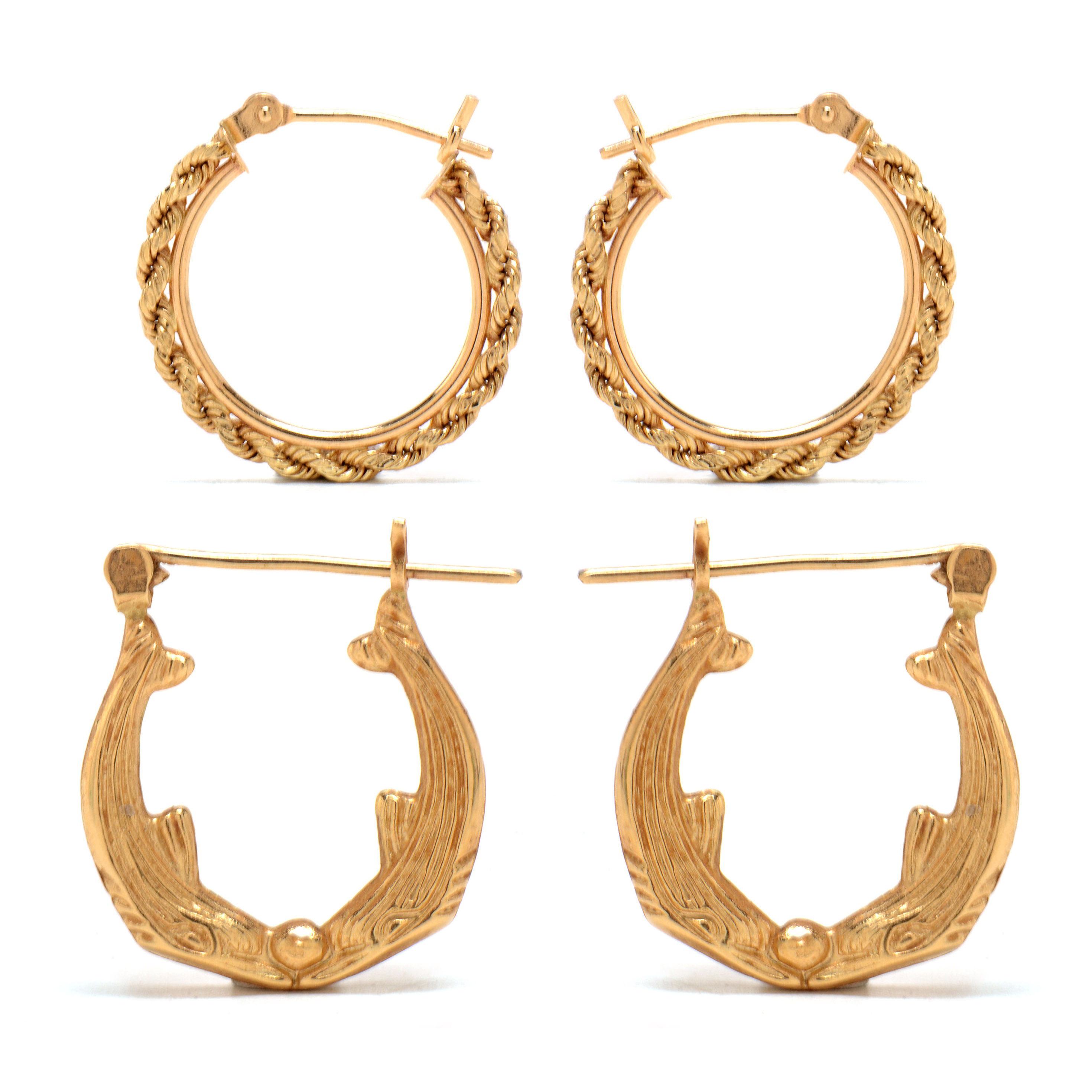 Two Pair of 14K Yellow Gold Pierced Hoop Earrings