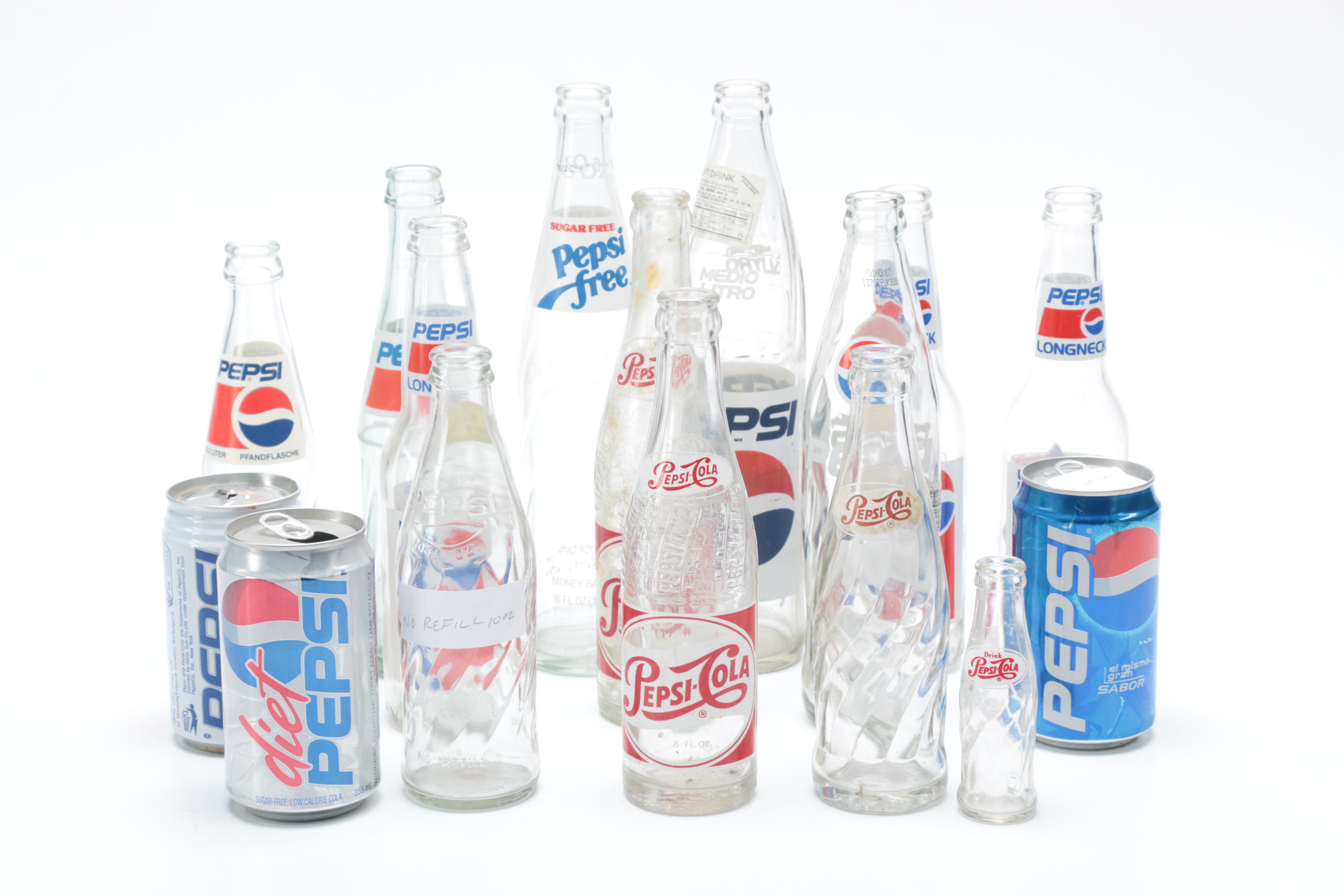Collection of Pepsi Bottles and Cans