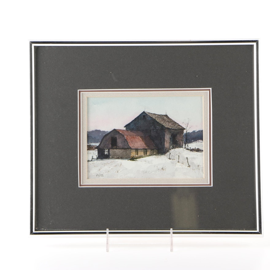 Wallace Lawson Watercolor Painting of Barn in Winter