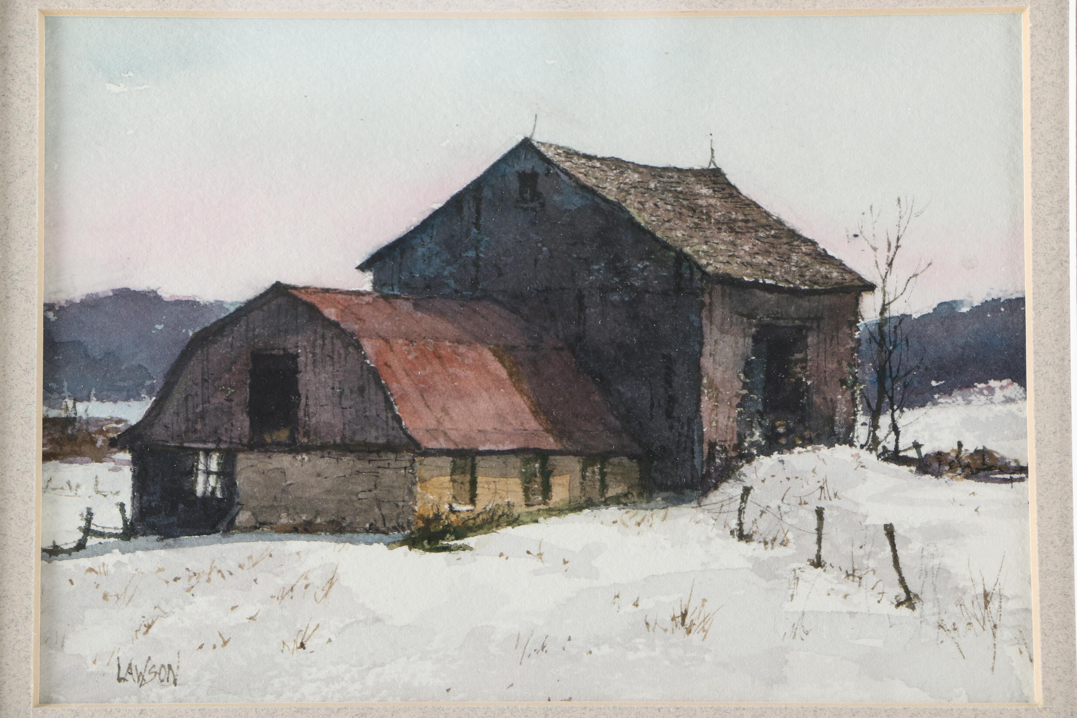 Wallace Lawson Watercolor Painting of Barn in Winter