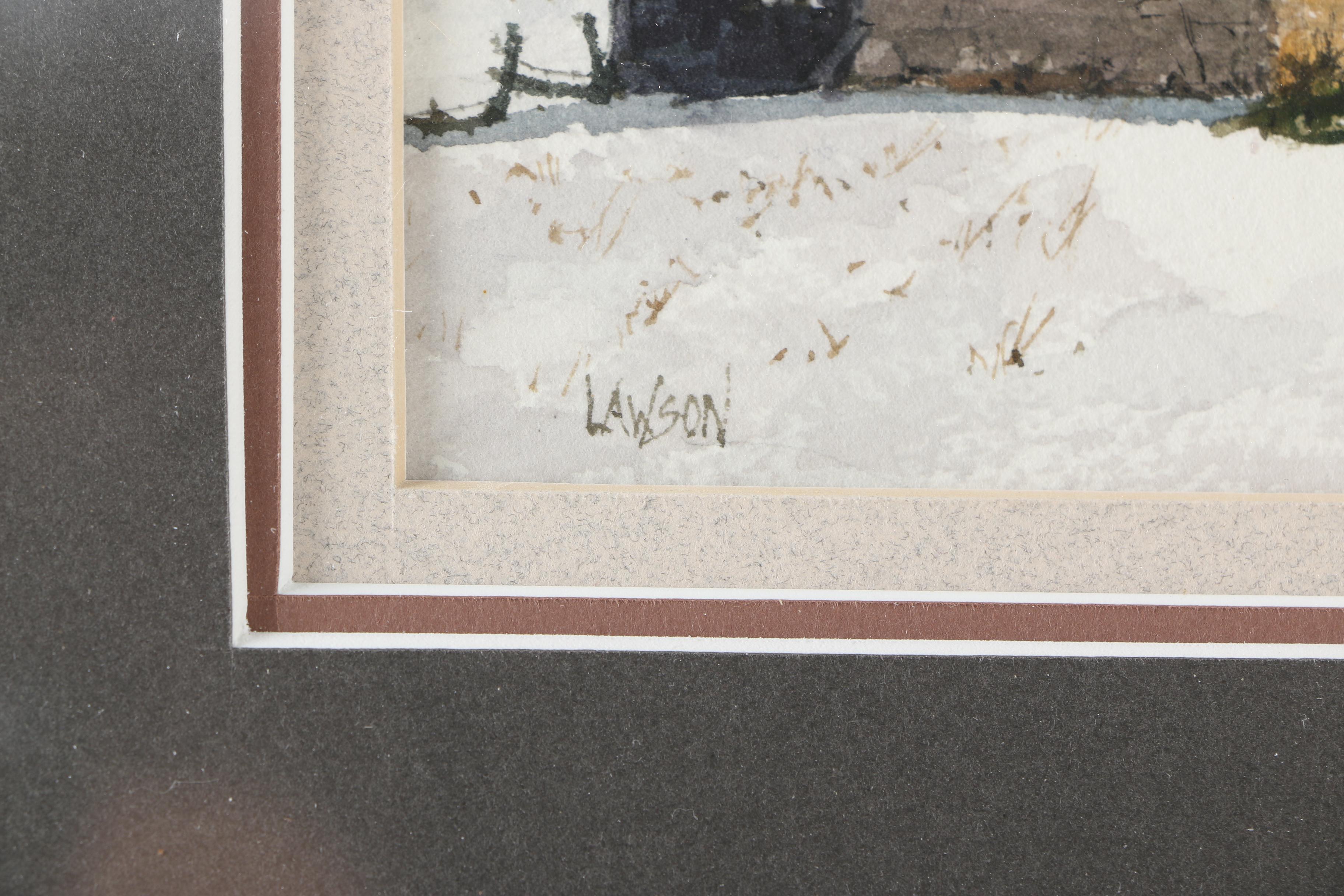 Wallace Lawson Watercolor Painting of Barn in Winter