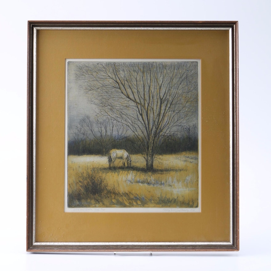 Nancy Bickford Bandy 1975 Limited Edition Etching on Paper "Ollie and Winter Tree"