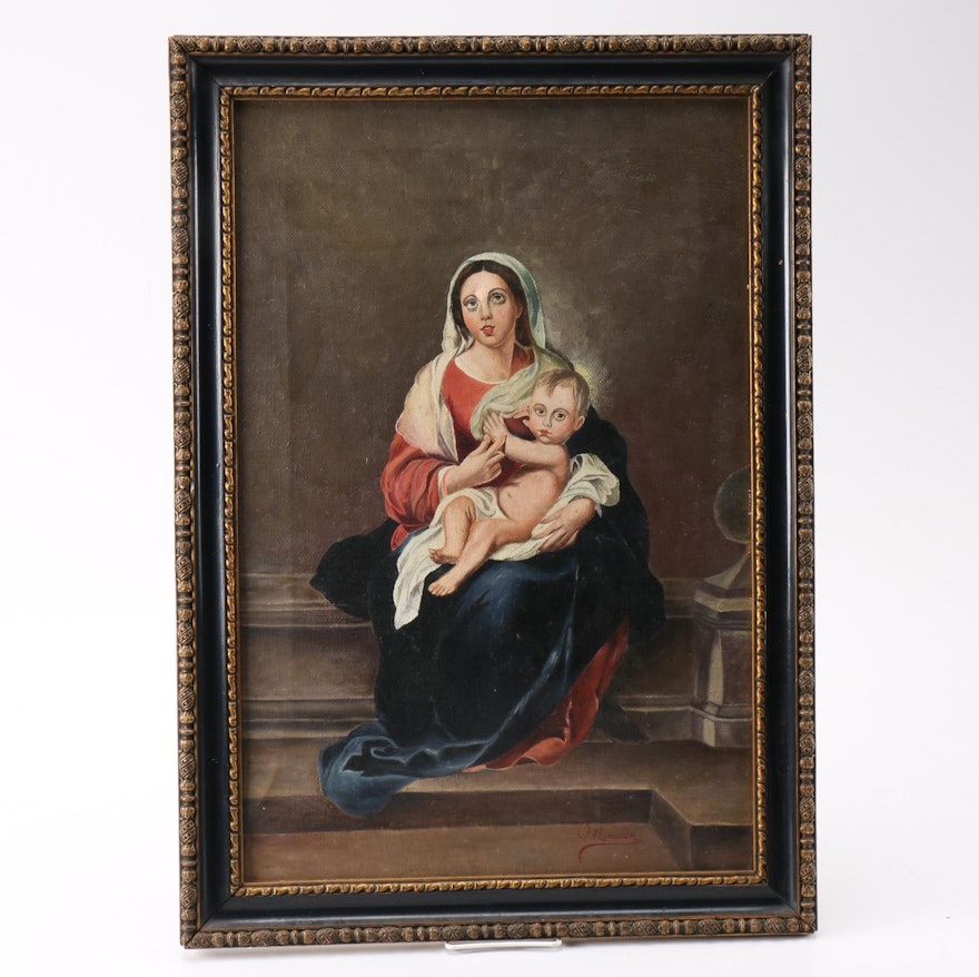 O. Rimada Oil Painting on Canvas Reproduction After Bartolome Esteban Murillo "Madonna and Child"