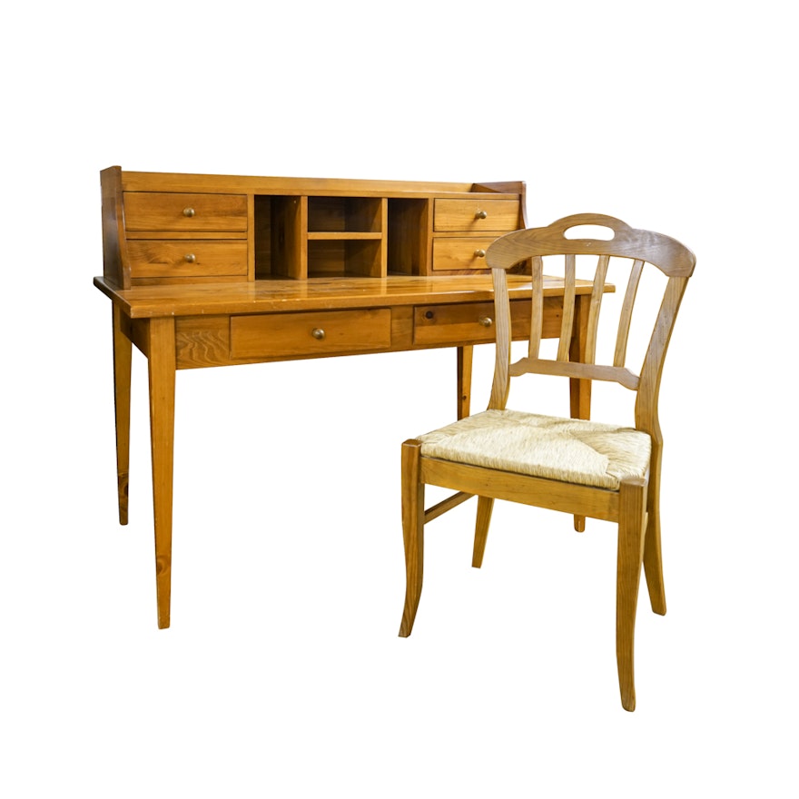 Pine Hepplewhite Style Writing Table With Rush Seat Chair