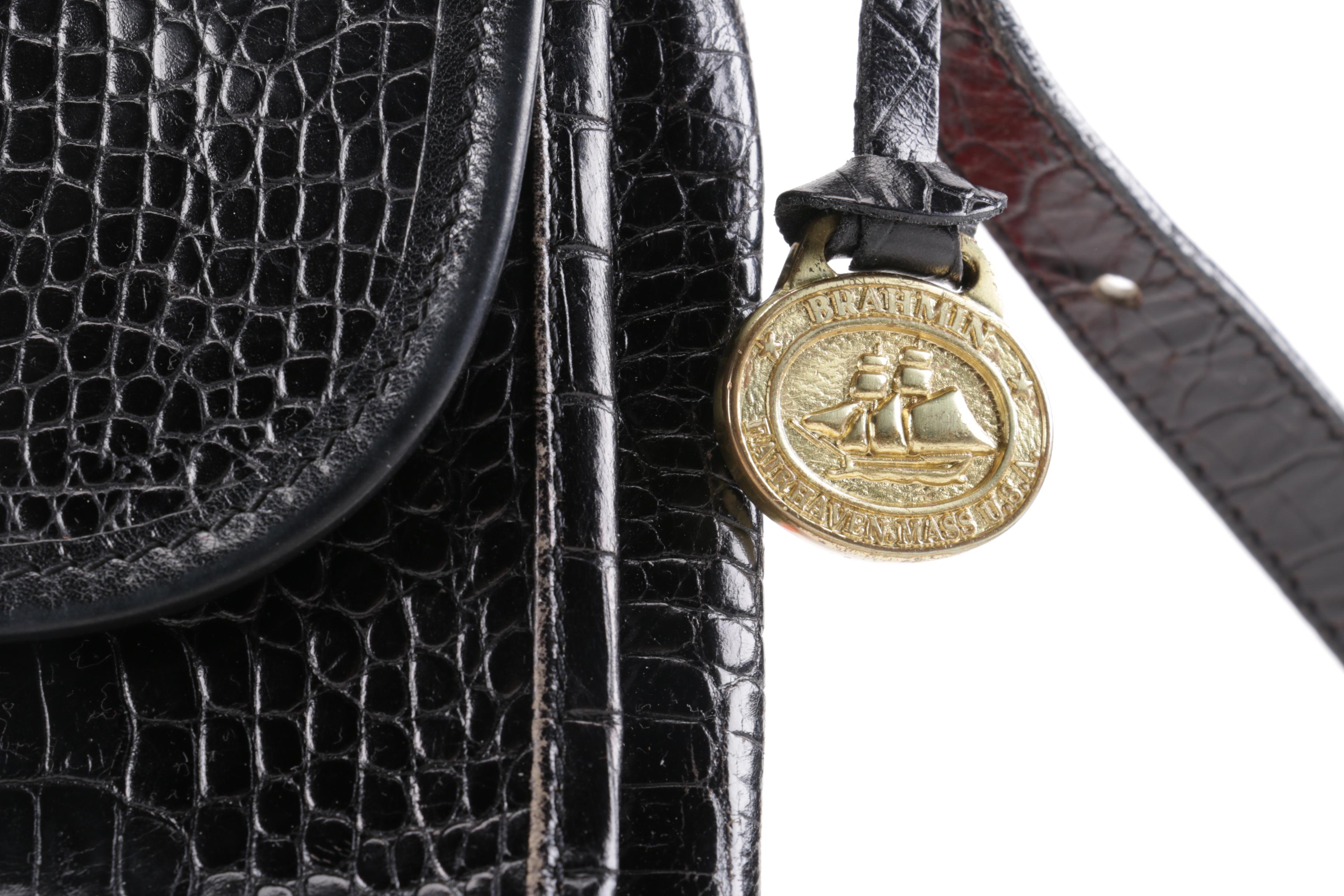 Brahmin Black Leather Faux Crocodile Skin Crossbody Bag