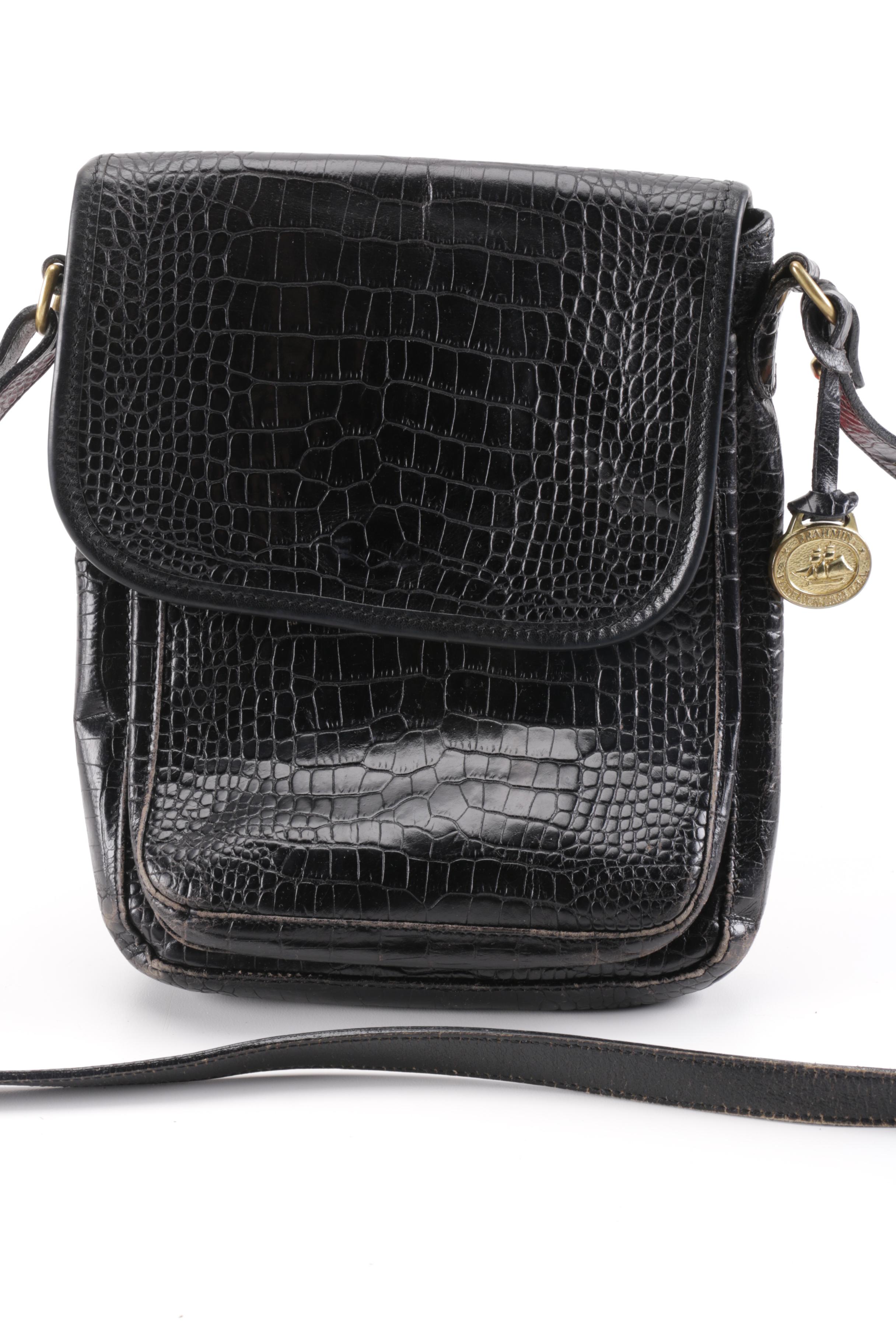 Brahmin Black Leather Faux Crocodile Skin Crossbody Bag