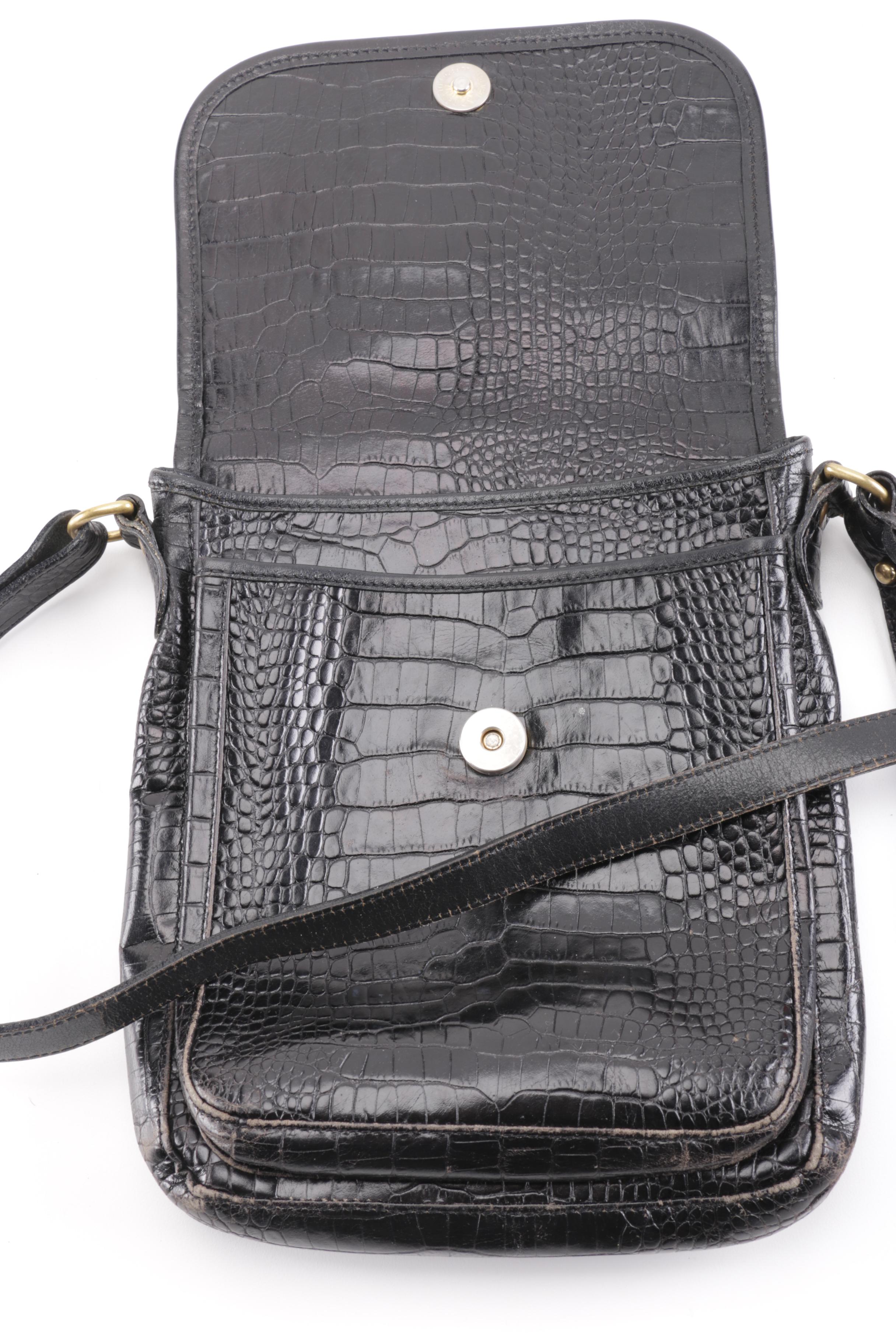 Brahmin Black Leather Faux Crocodile Skin Crossbody Bag