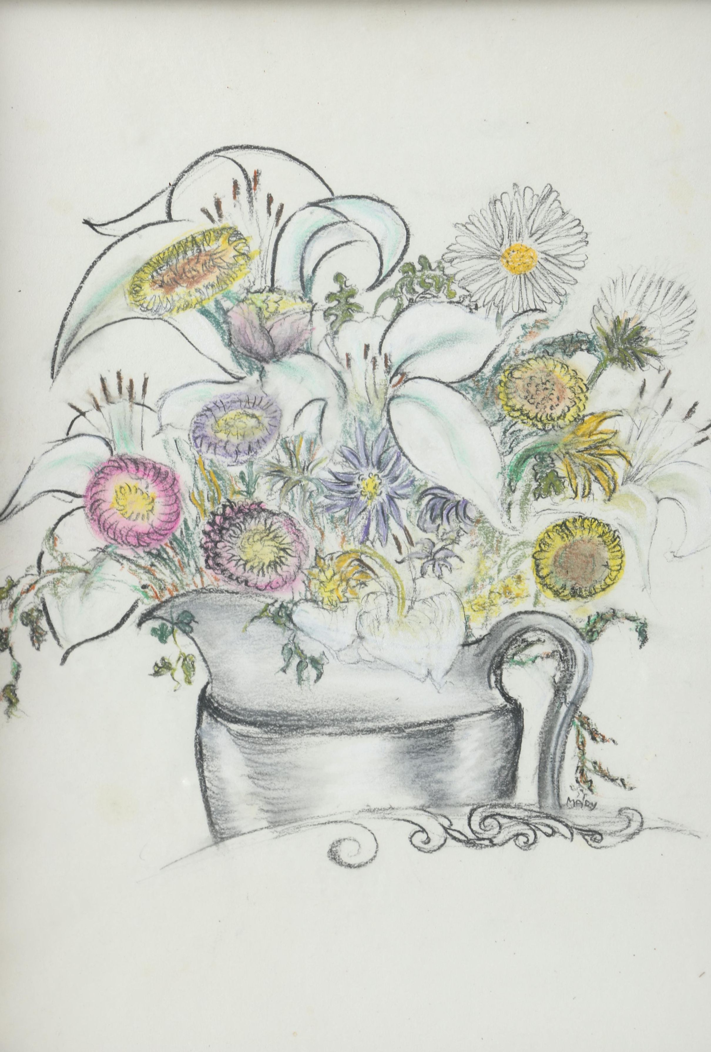 Mary Abramson Barnes Charcoal and Pastel Floral Still Life Drawing