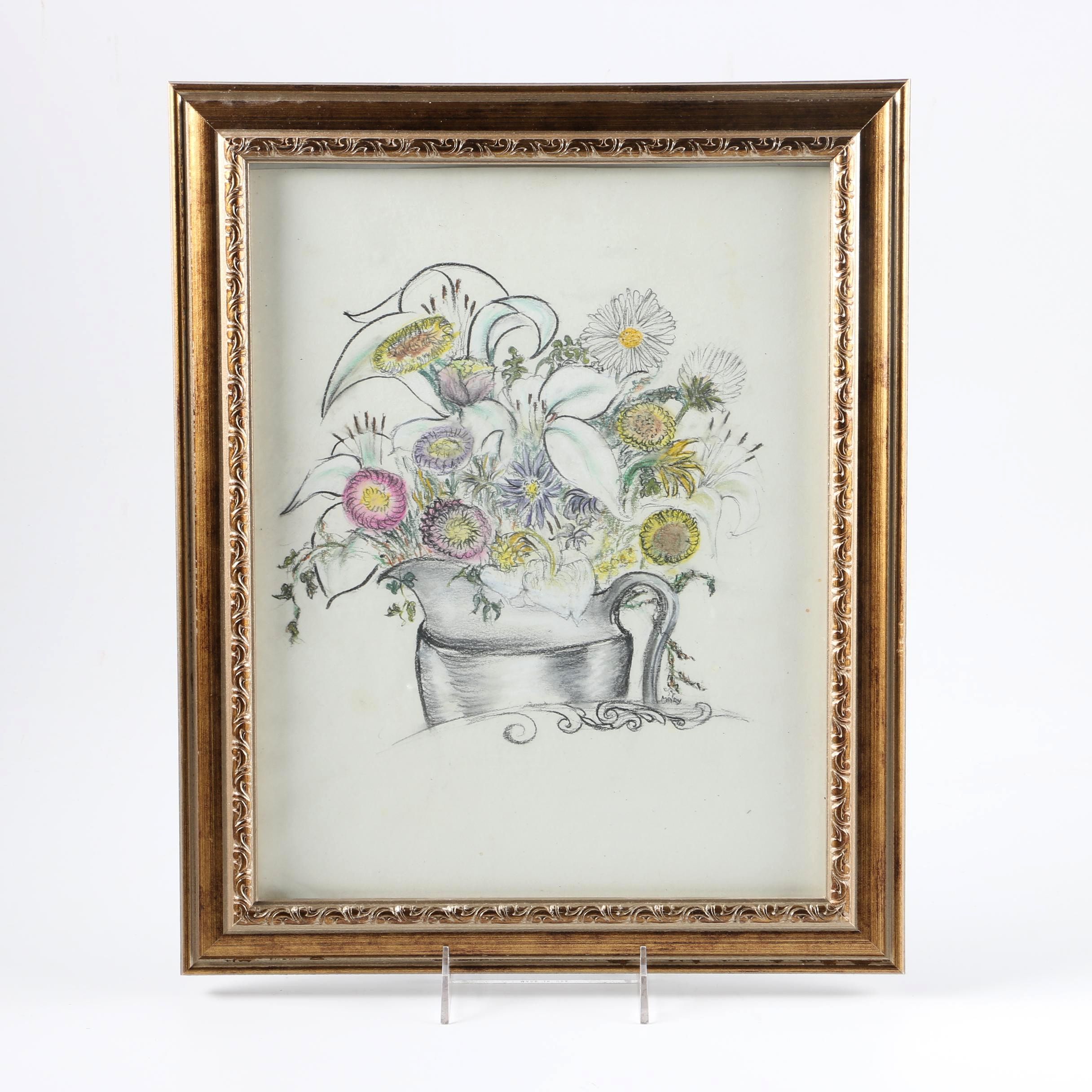 Mary Abramson Barnes Charcoal and Pastel Floral Still Life Drawing