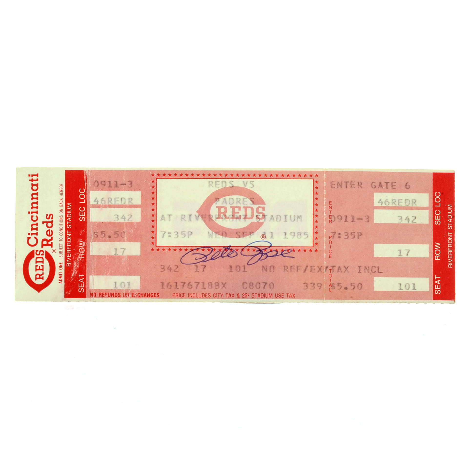 Pete Rose Signed "4192" Full Baseball Ticket