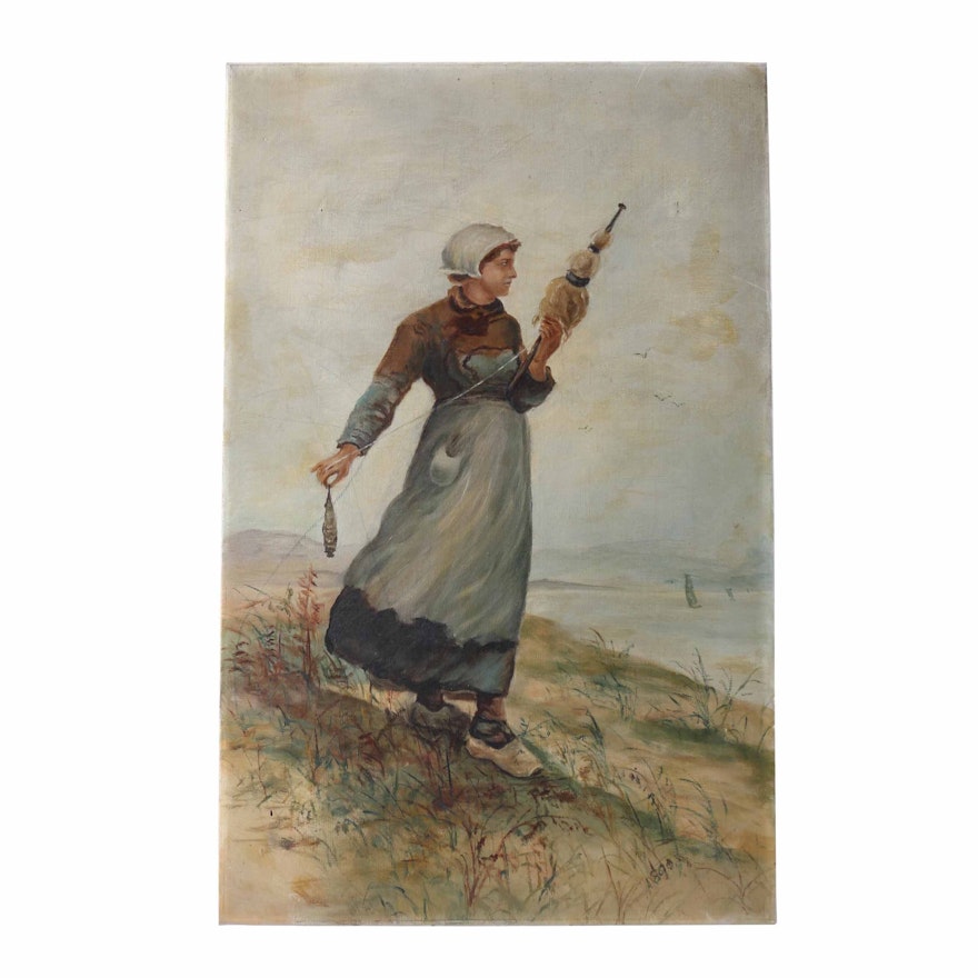 Antique Oil on Canvas Painting of Woman Spinning Wool