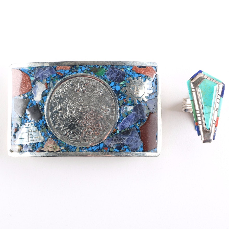 Sterling and Stone Belt Buckle and Turquoise Ring