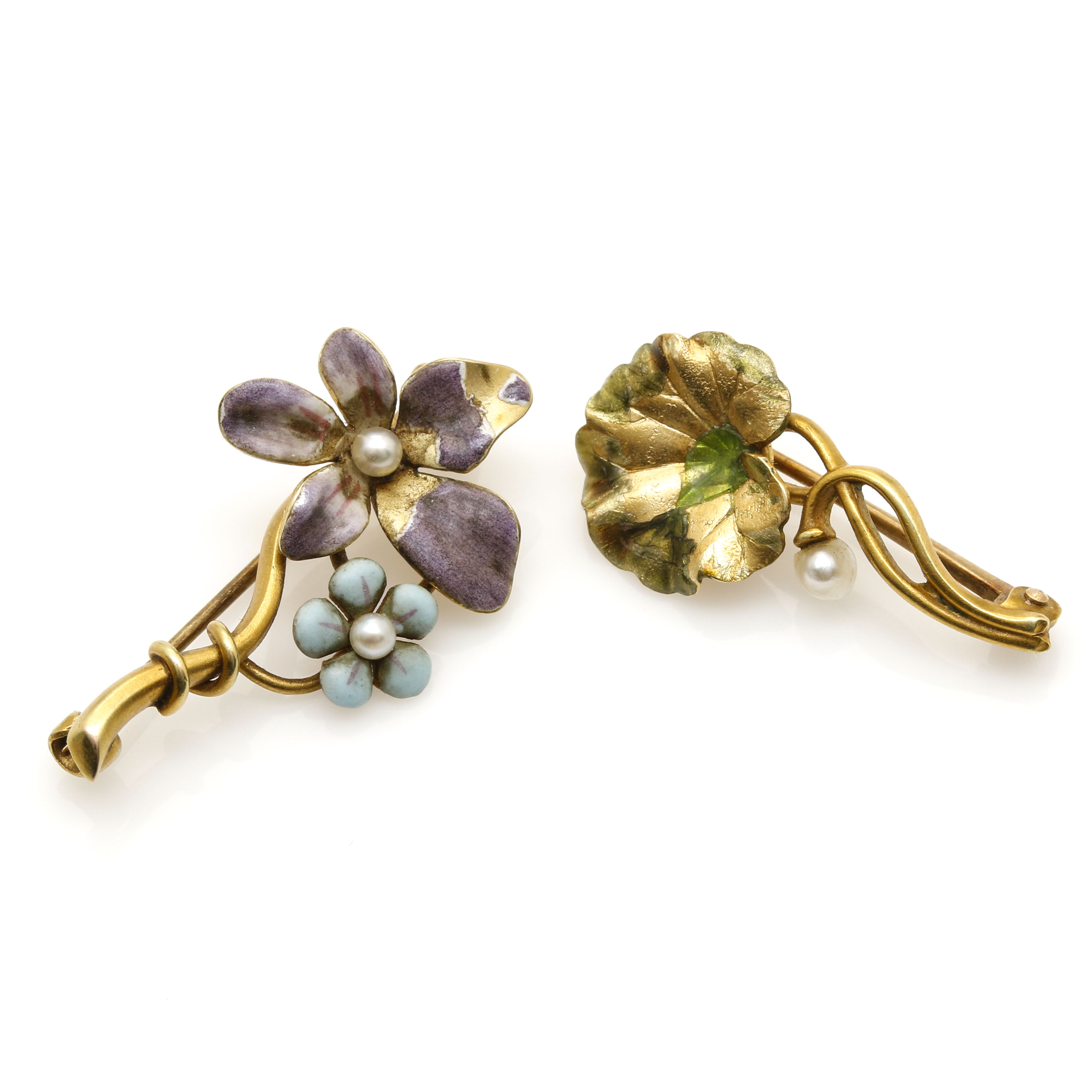 Pair of 14K Yellow Gold Seed Pearl and Enamel Flower Pins