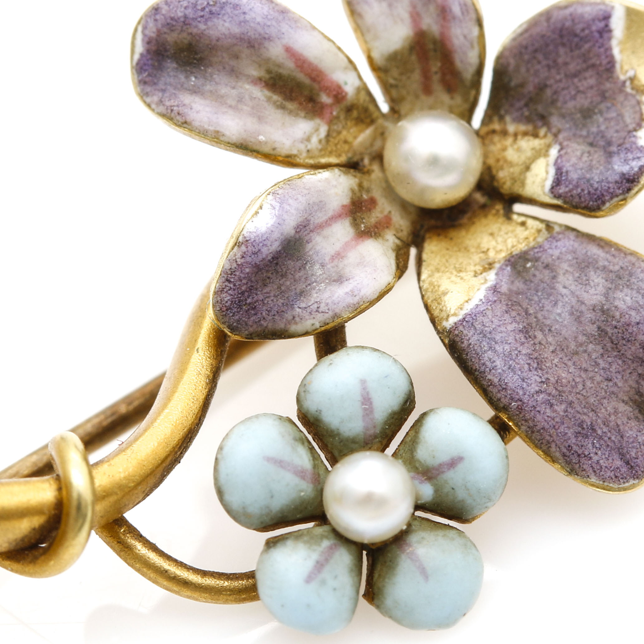 Pair of 14K Yellow Gold Seed Pearl and Enamel Flower Pins