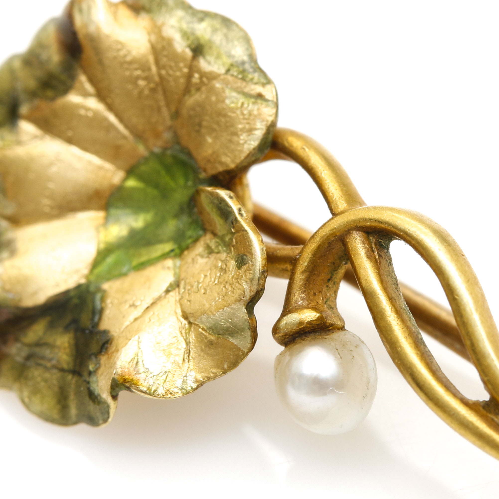 Pair of 14K Yellow Gold Seed Pearl and Enamel Flower Pins