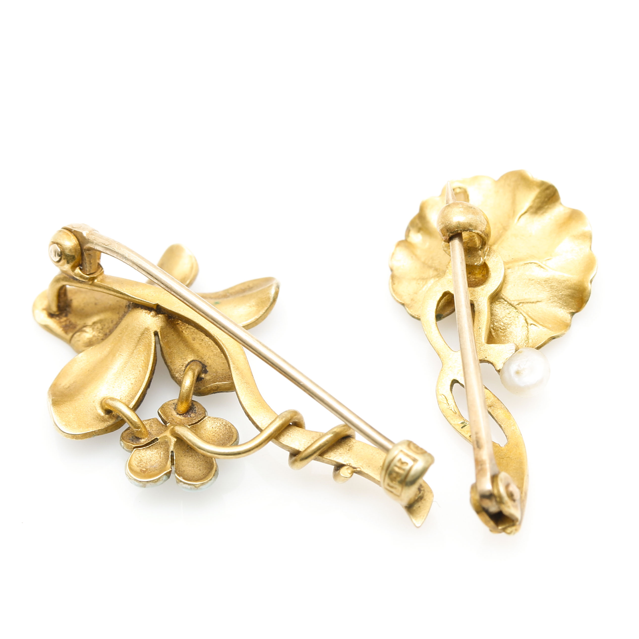 Pair of 14K Yellow Gold Seed Pearl and Enamel Flower Pins