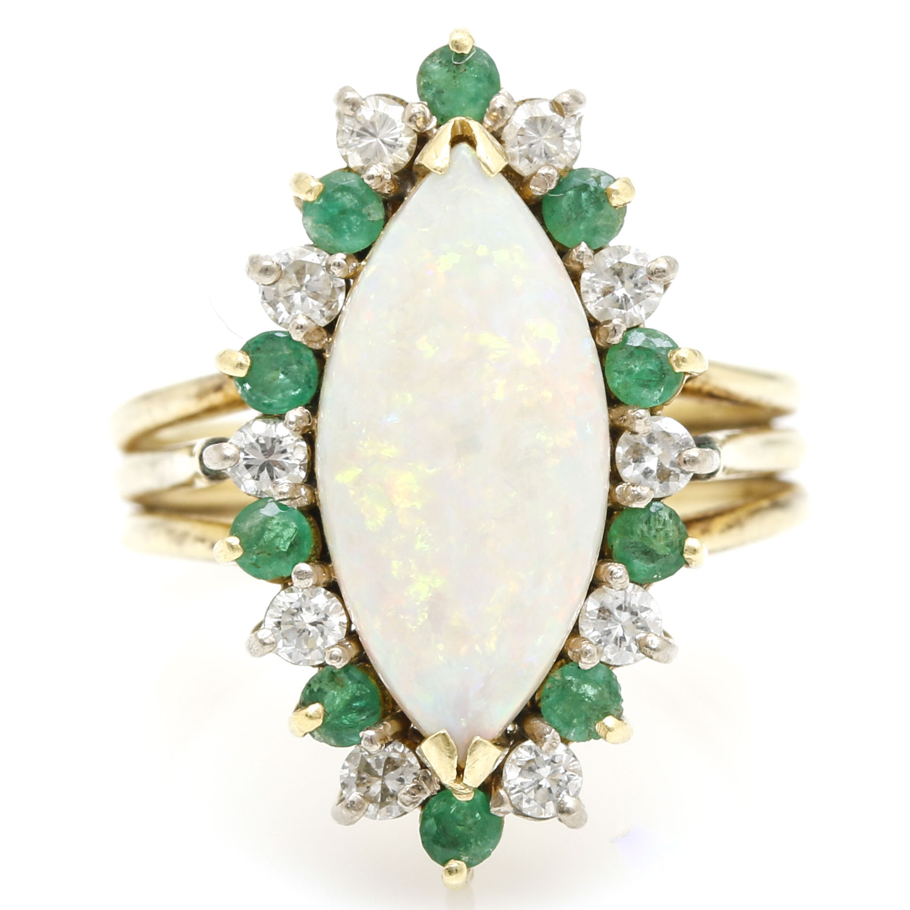 18K Yellow Gold Opal, Emerald, and Diamond Ring