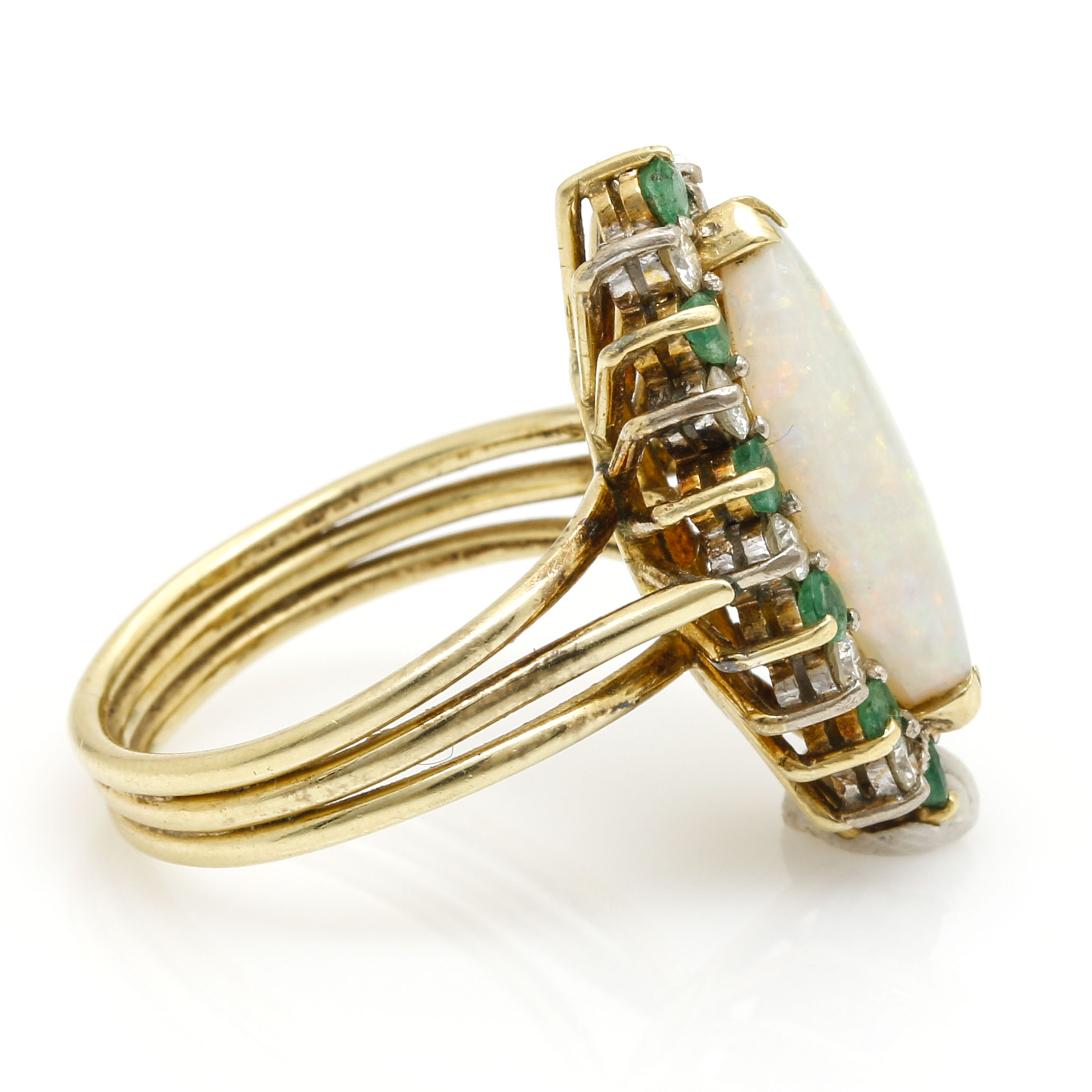 18K Yellow Gold Opal, Emerald, and Diamond Ring