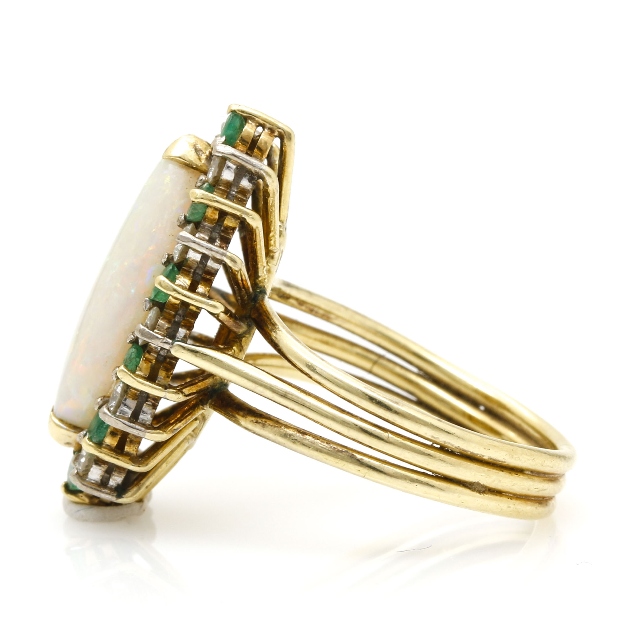 18K Yellow Gold Opal, Emerald, and Diamond Ring