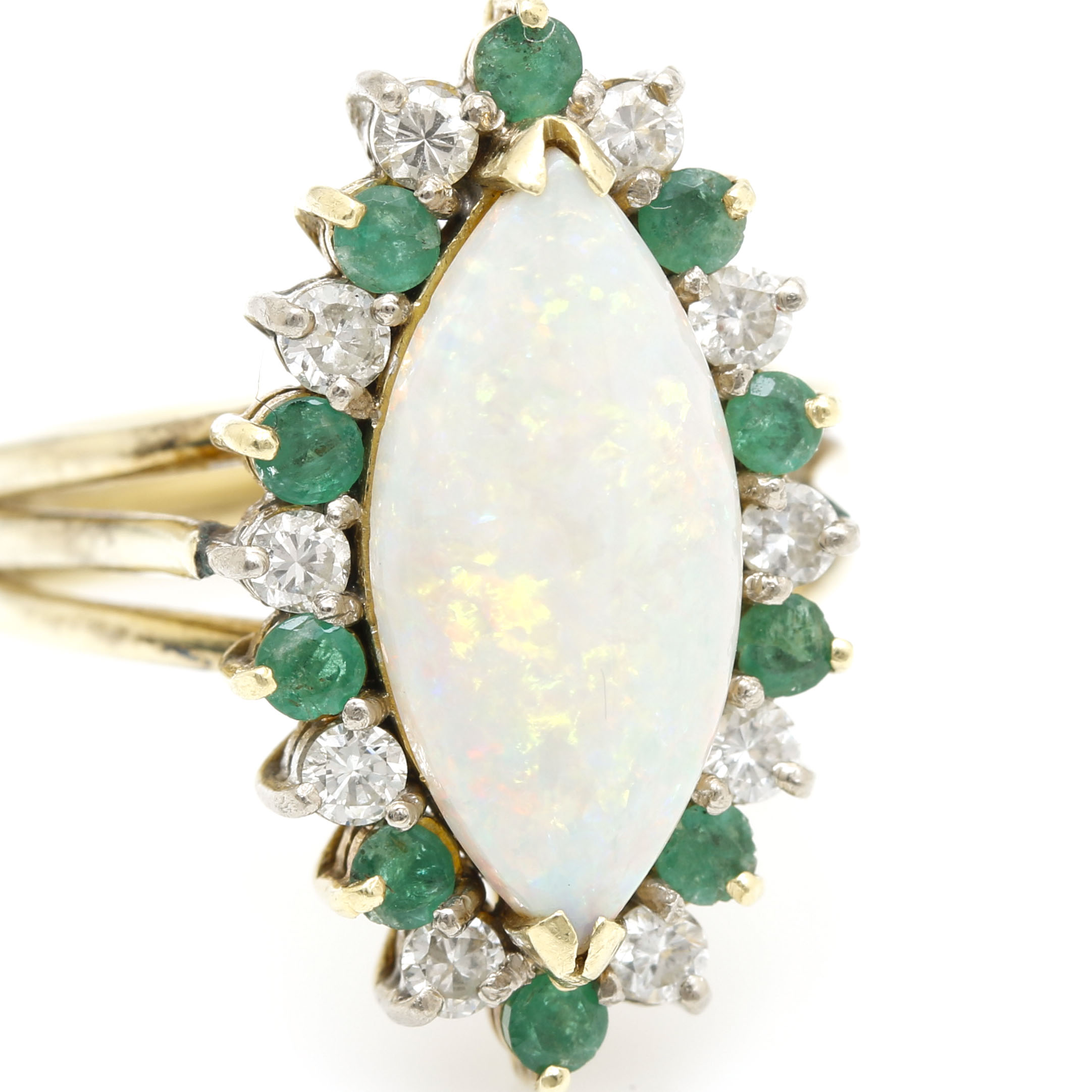 18K Yellow Gold Opal, Emerald, and Diamond Ring