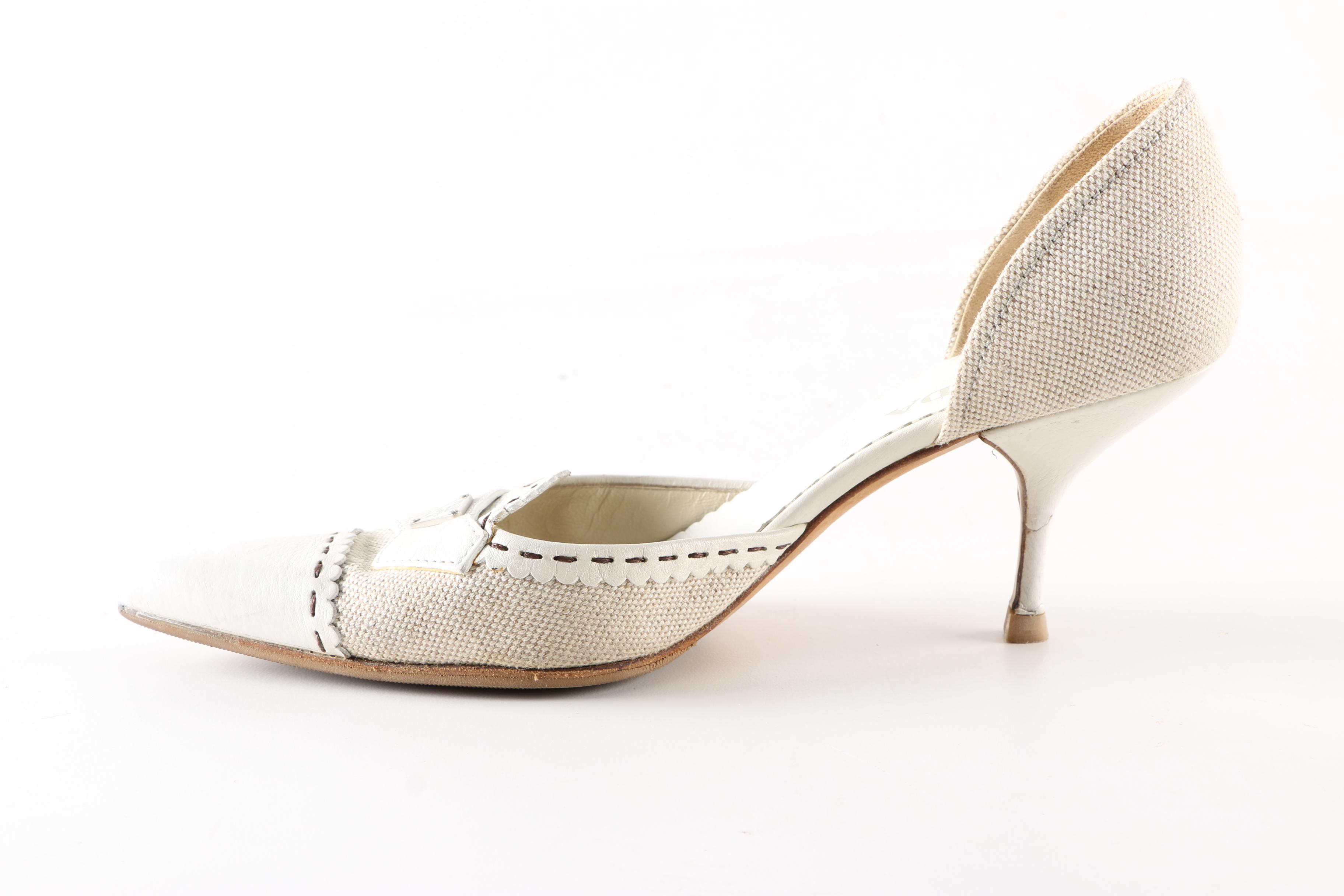 Prada White Leather and Linen Heels