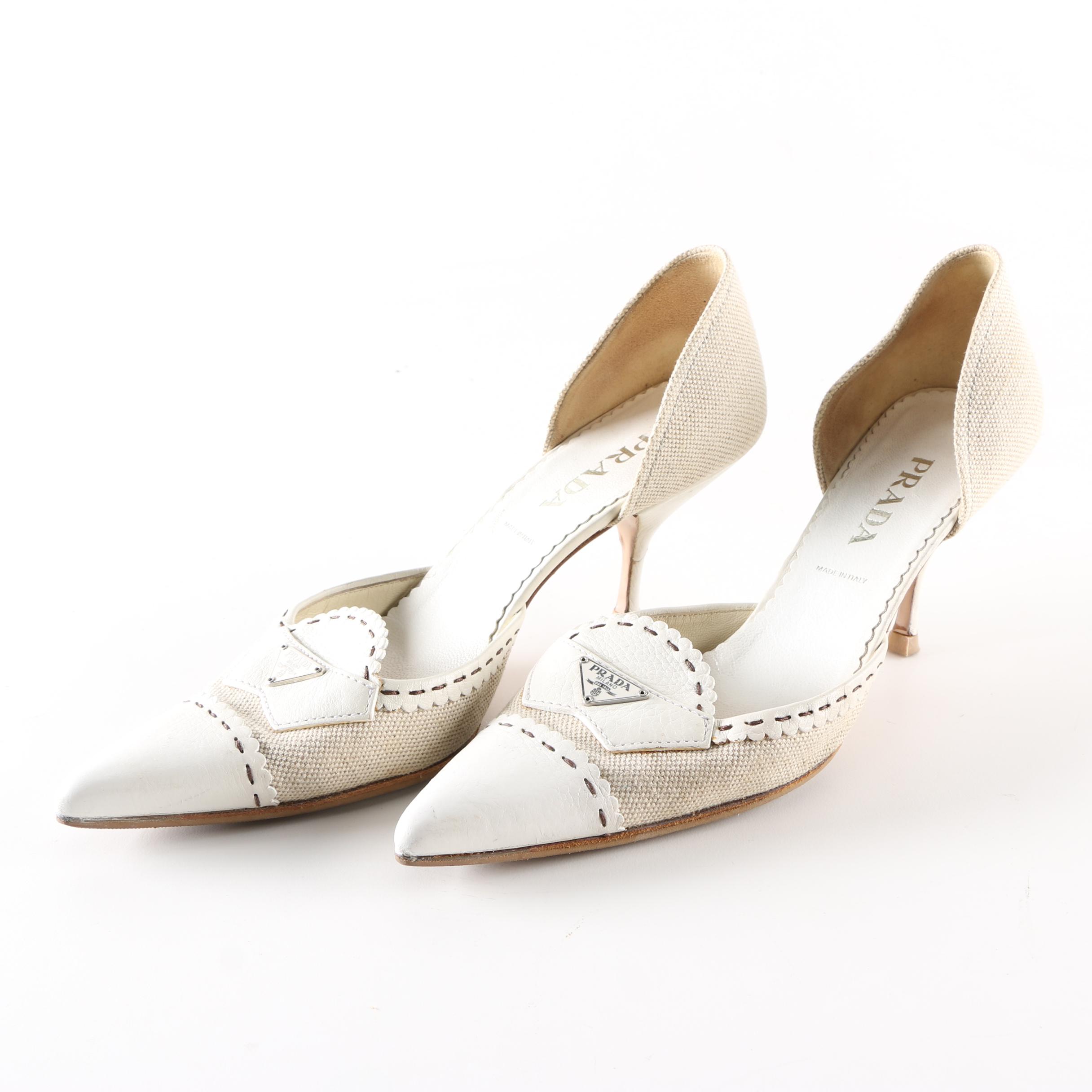Prada White Leather and Linen Heels