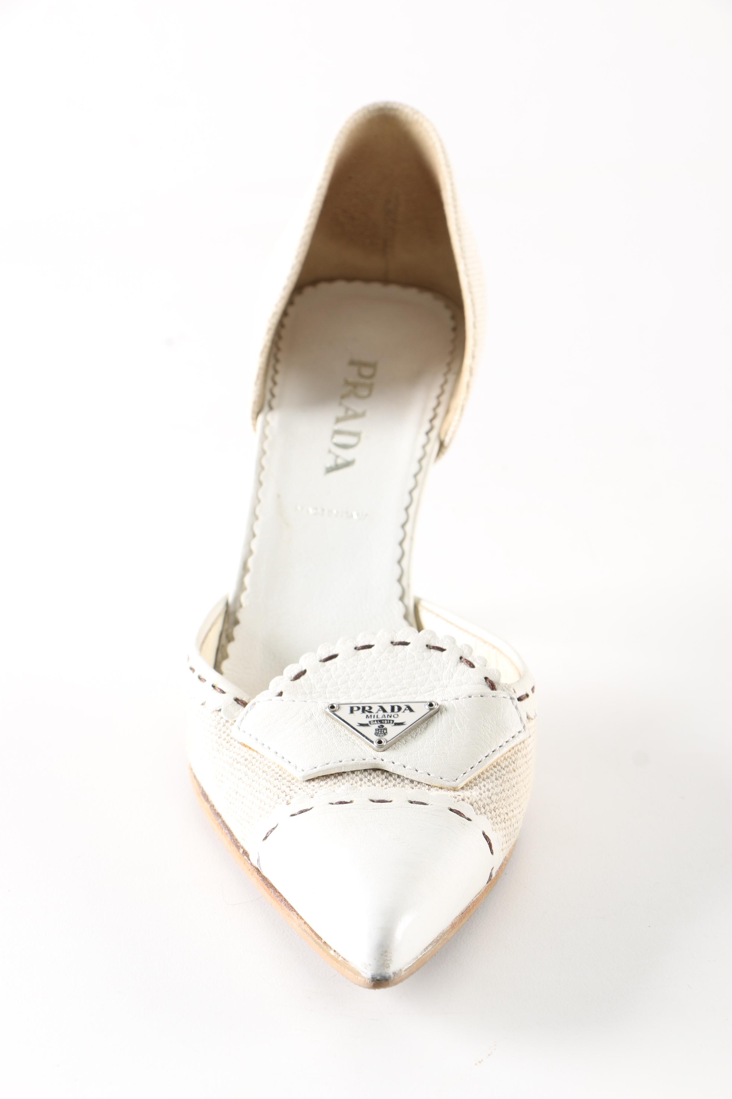 Prada White Leather and Linen Heels