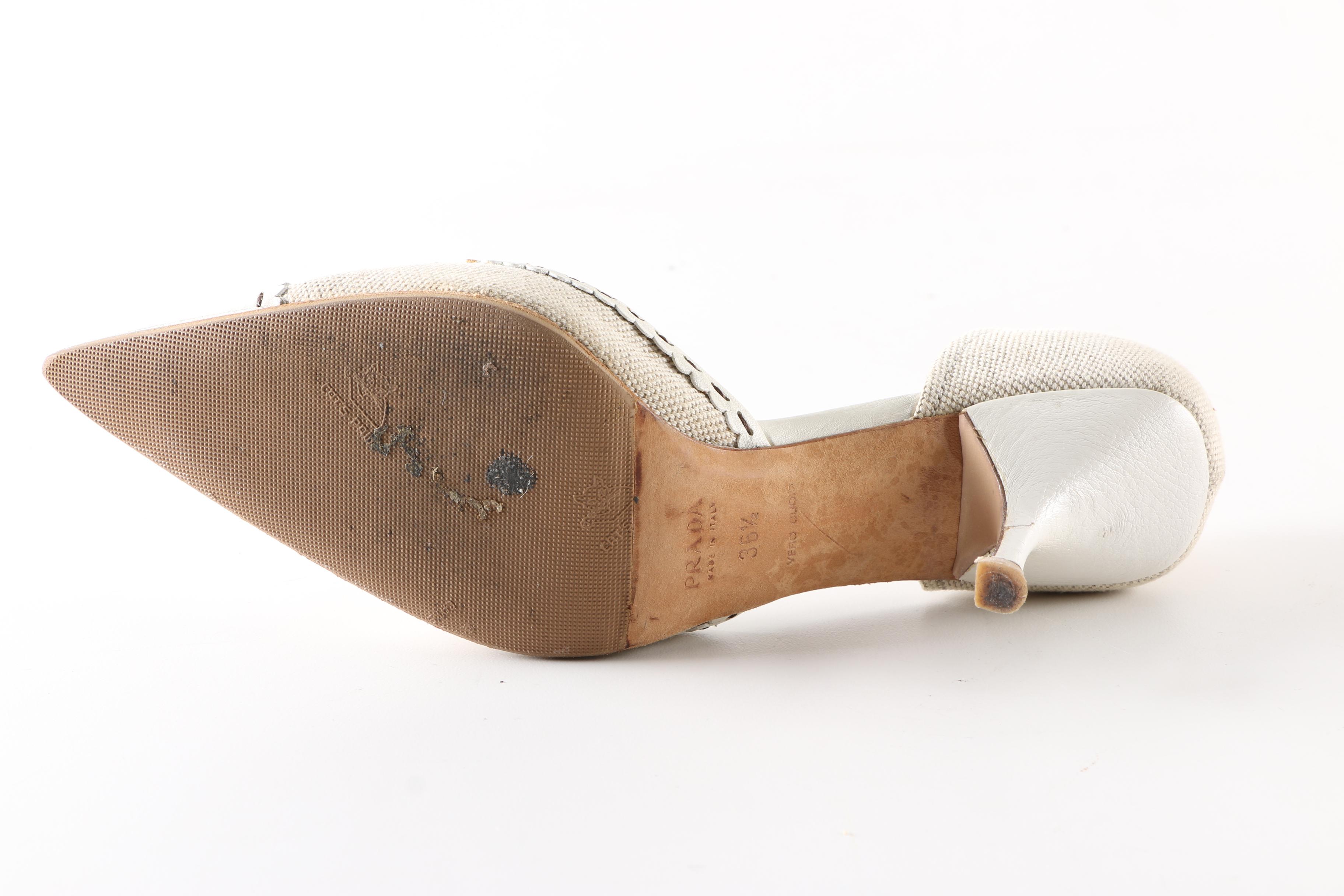 Prada White Leather and Linen Heels