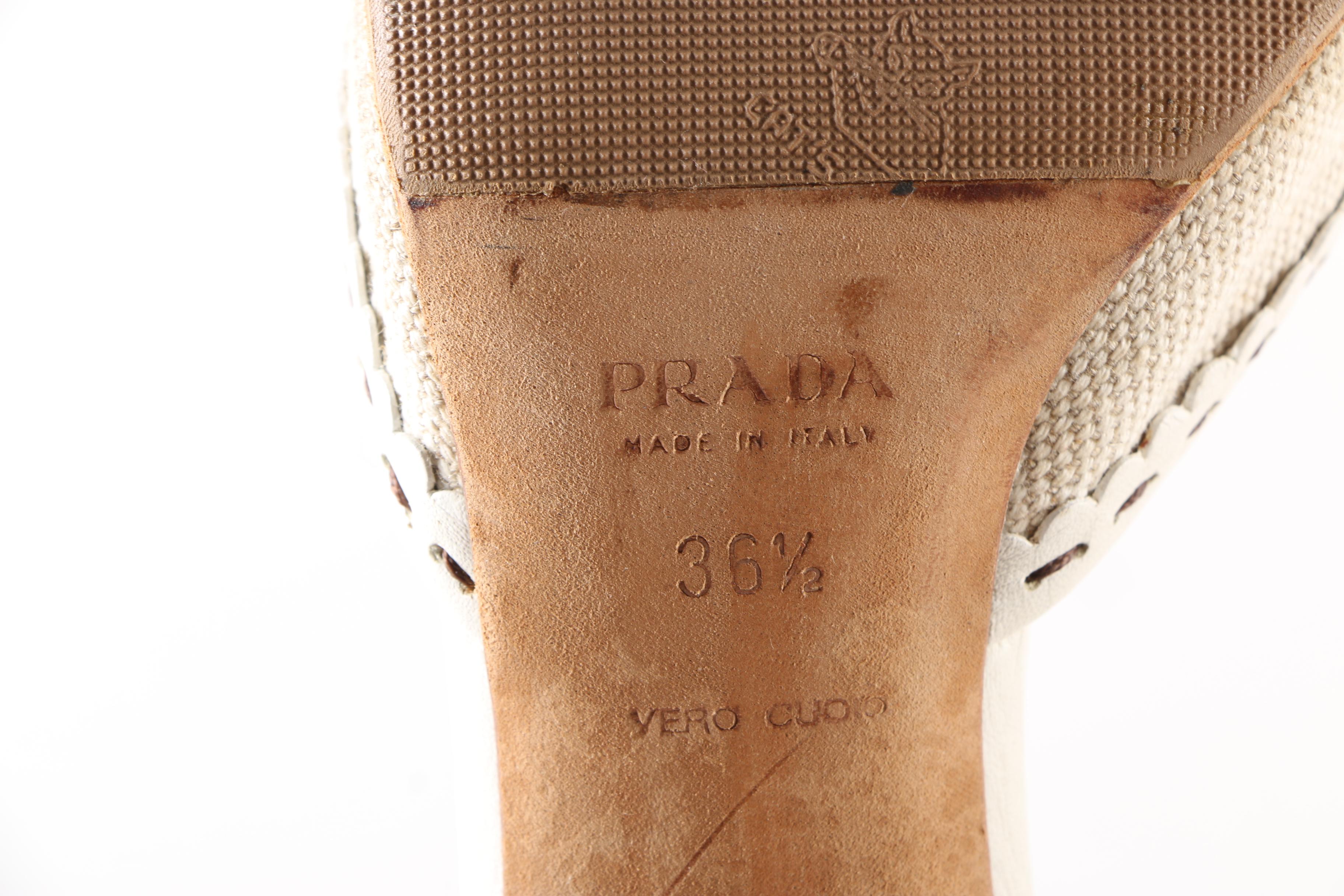 Prada White Leather and Linen Heels