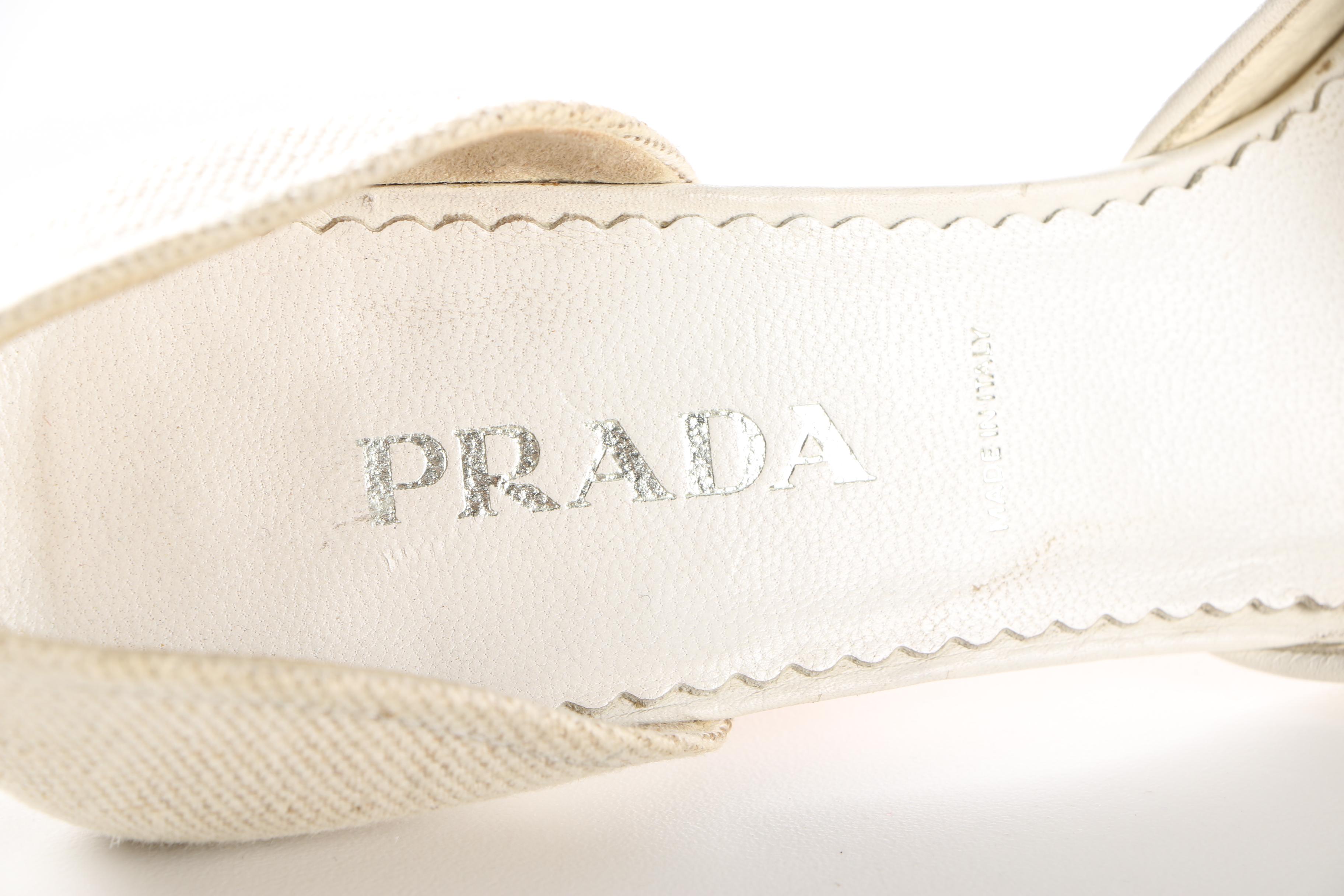 Prada White Leather and Linen Heels