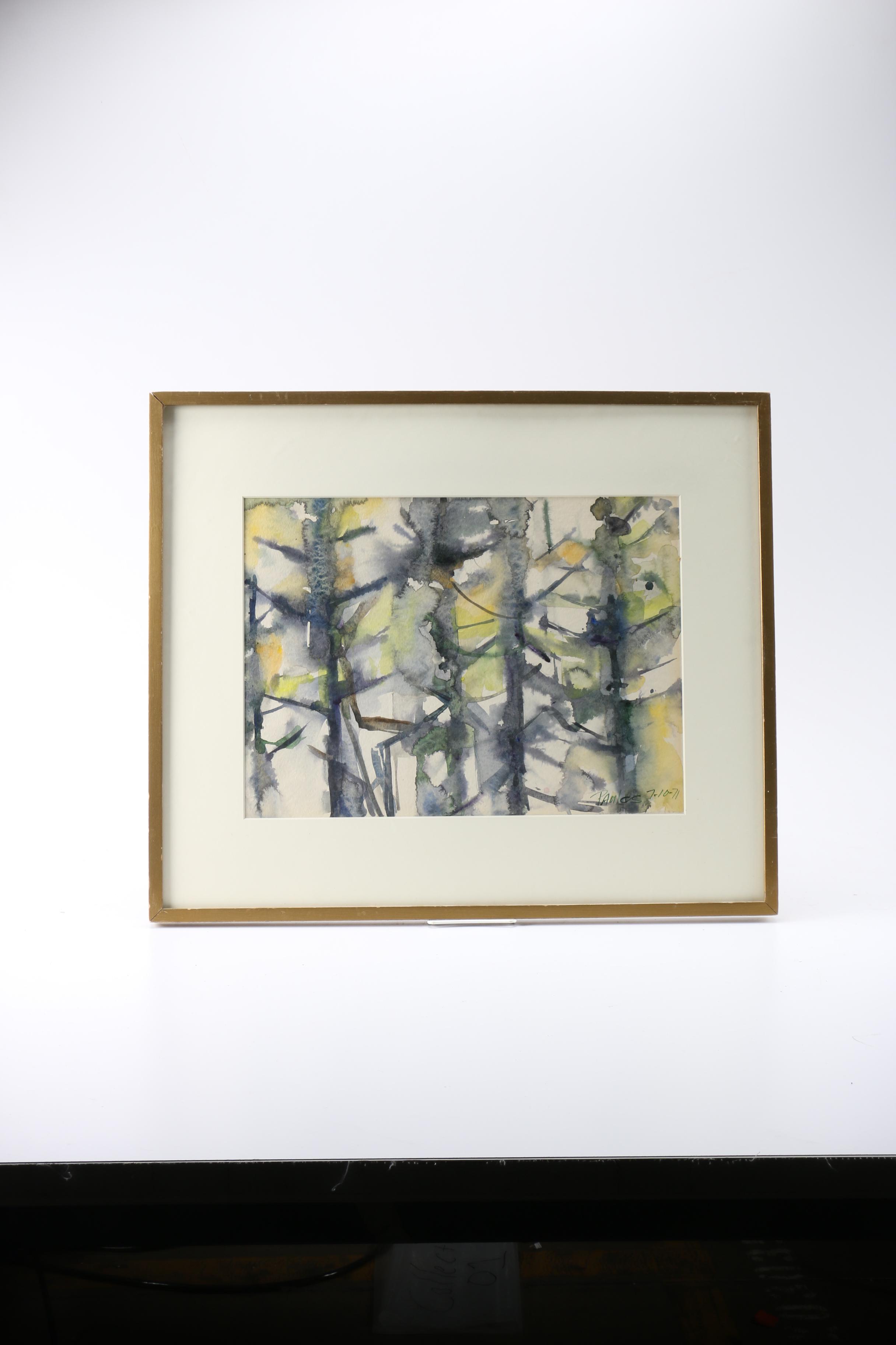 1971 Watercolor Painting of Abstract Trees