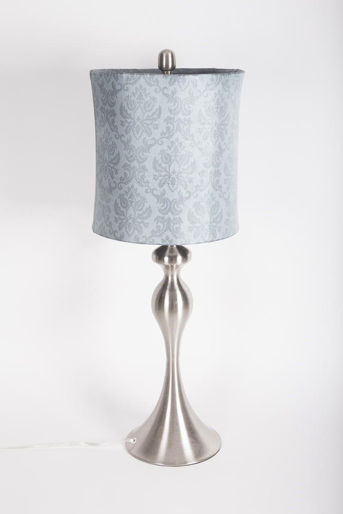 Silver Tone Brushed Metal Table Lamp With Damask Patterned Shade