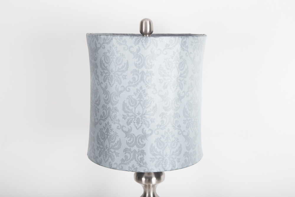 Silver Tone Brushed Metal Table Lamp With Damask Patterned Shade
