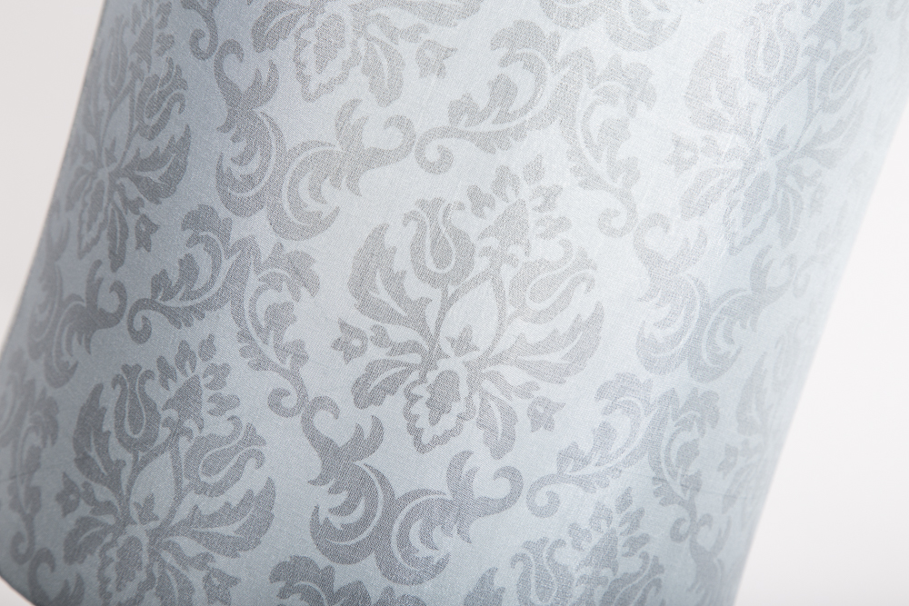 Silver Tone Brushed Metal Table Lamp With Damask Patterned Shade