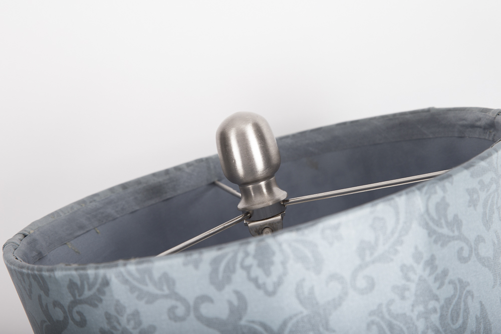 Silver Tone Brushed Metal Table Lamp With Damask Patterned Shade