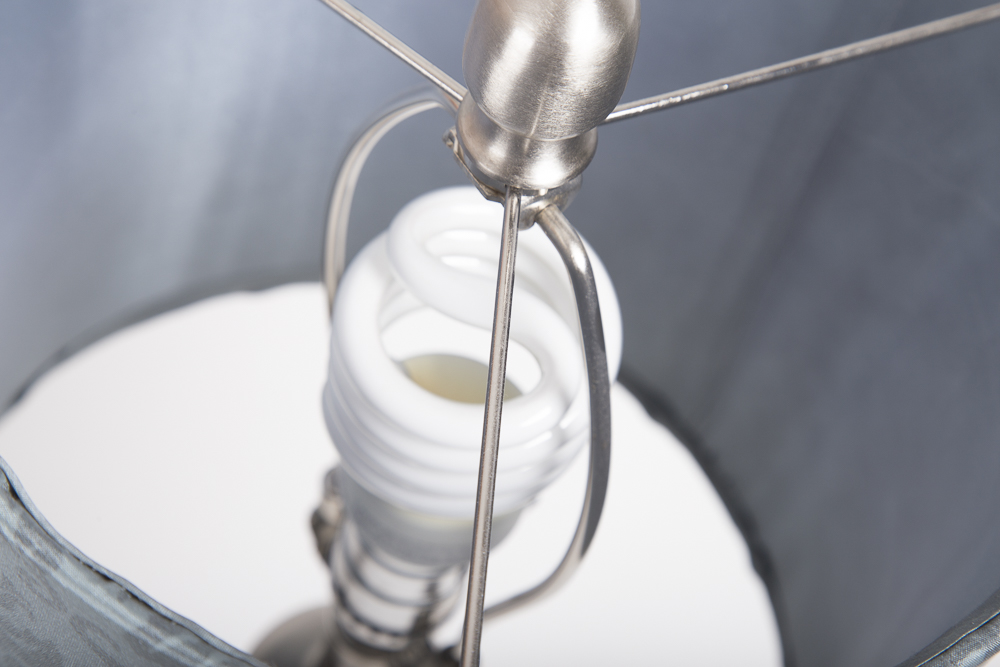 Silver Tone Brushed Metal Table Lamp With Damask Patterned Shade