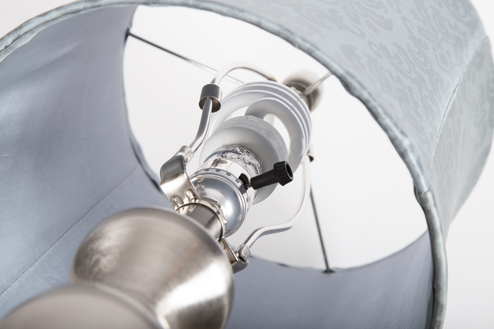 Silver Tone Brushed Metal Table Lamp With Damask Patterned Shade