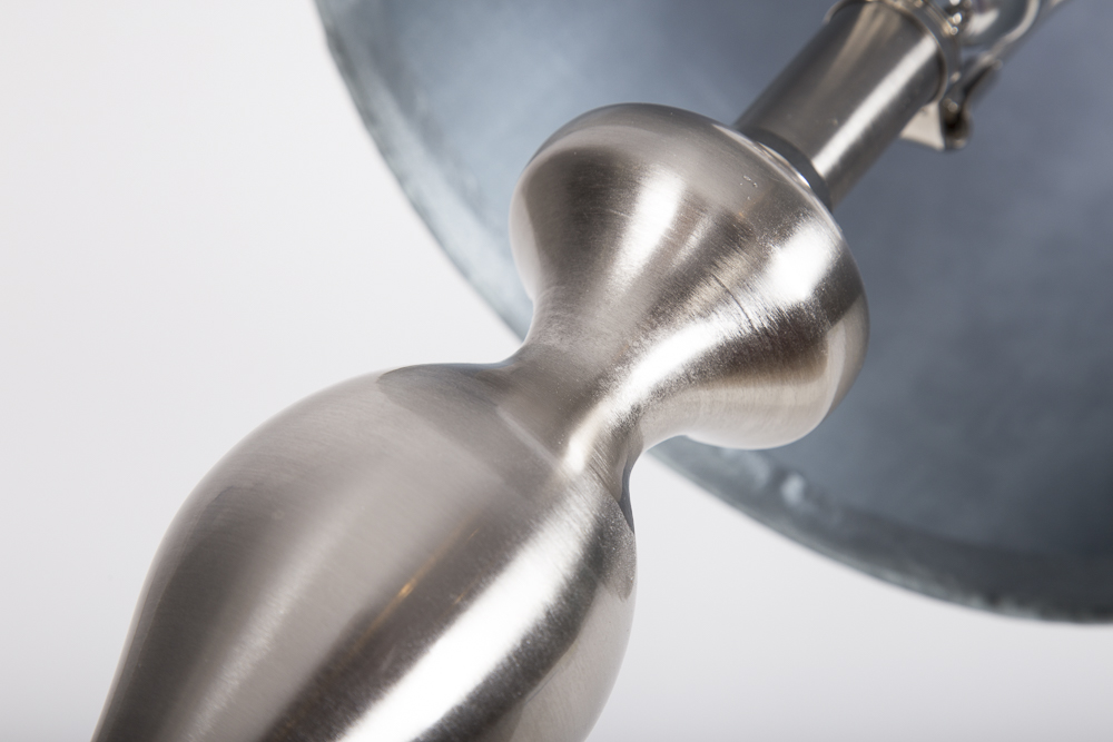 Silver Tone Brushed Metal Table Lamp With Damask Patterned Shade