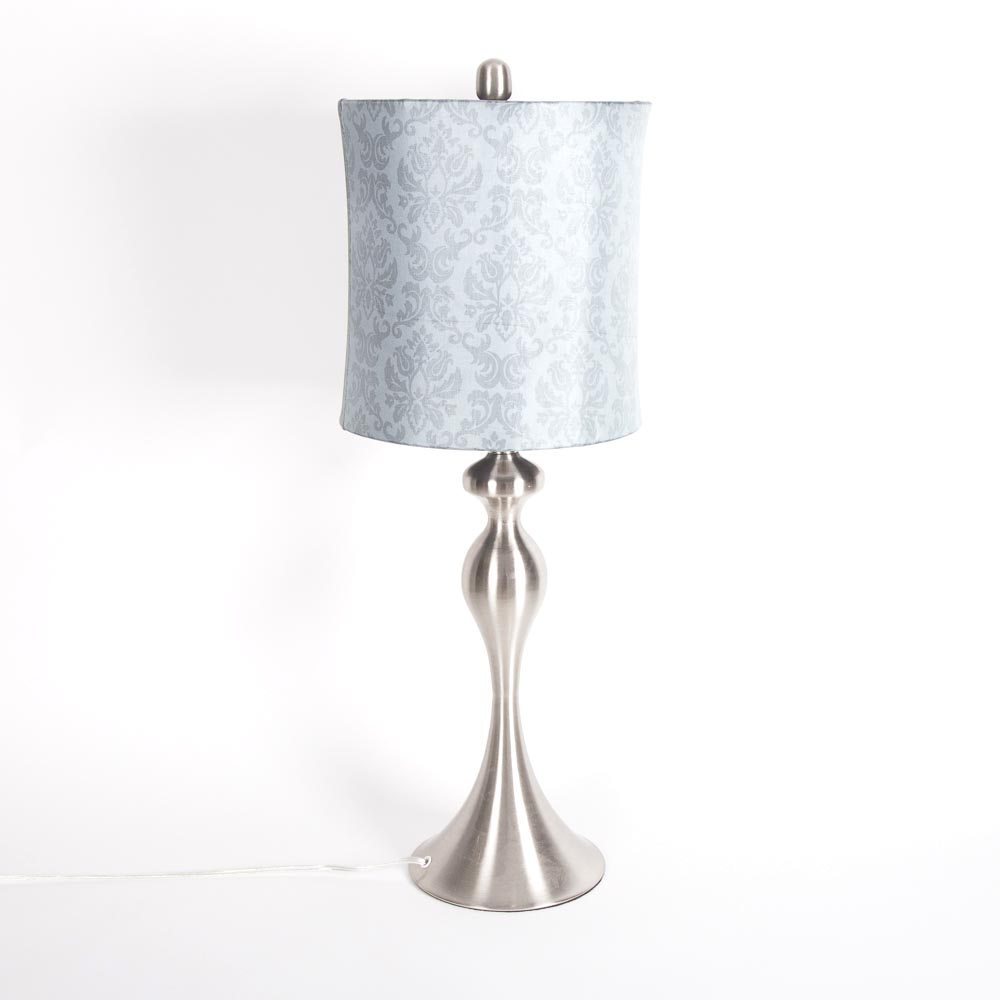 Silver Tone Brushed Metal Table Lamp With Damask Patterned Shade