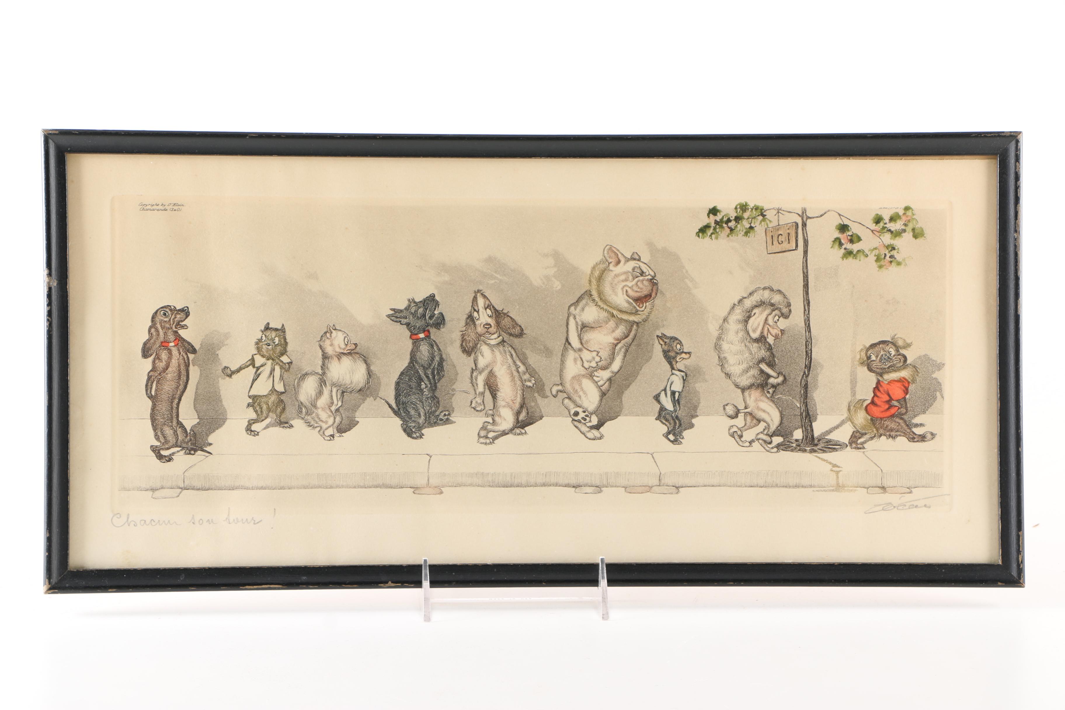 Boris O'Klein Mid Century Hand-Colored Etchings From His "Dirty Dogs of Paris" Series