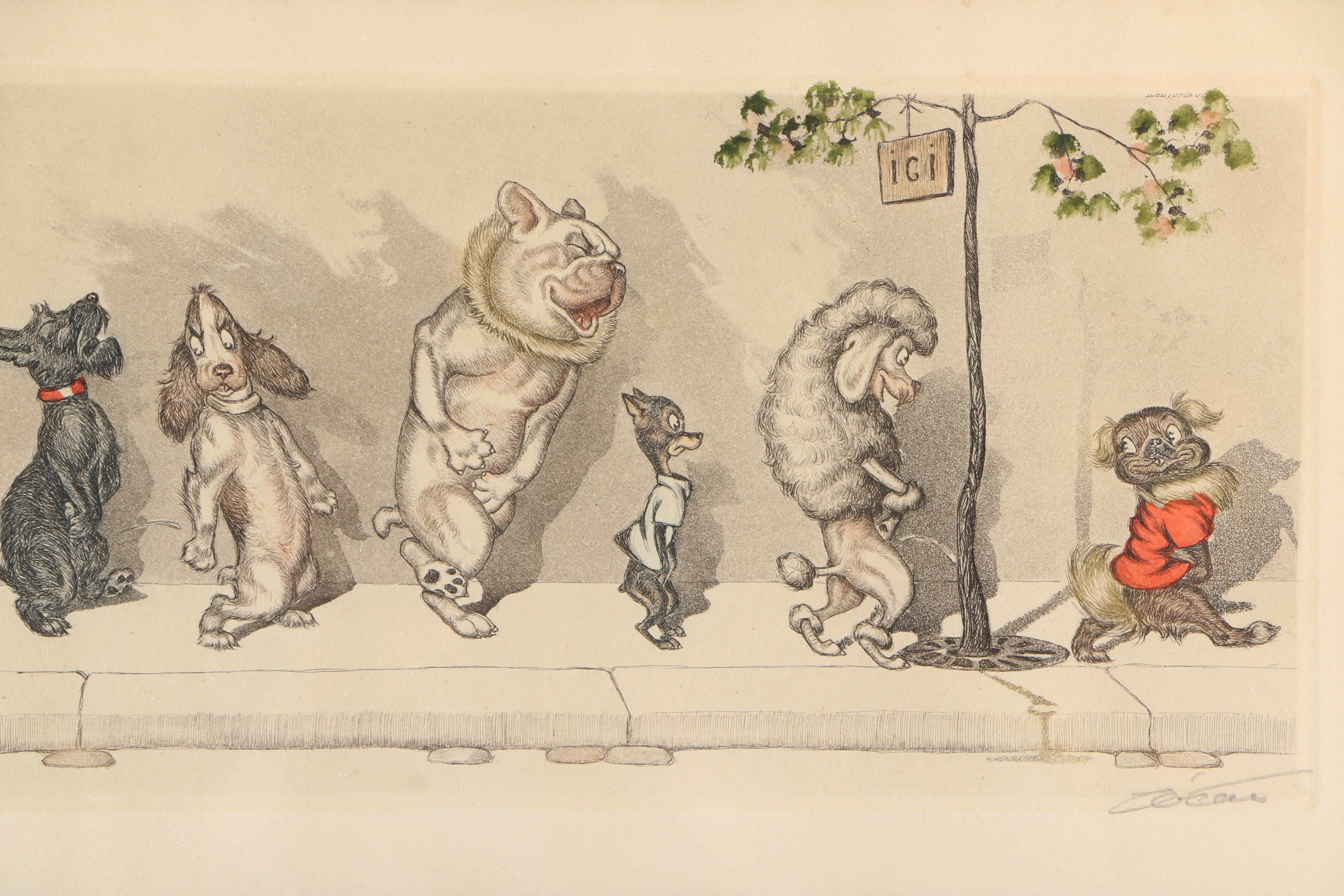 Boris O'Klein Mid Century Hand-Colored Etchings From His "Dirty Dogs of Paris" Series