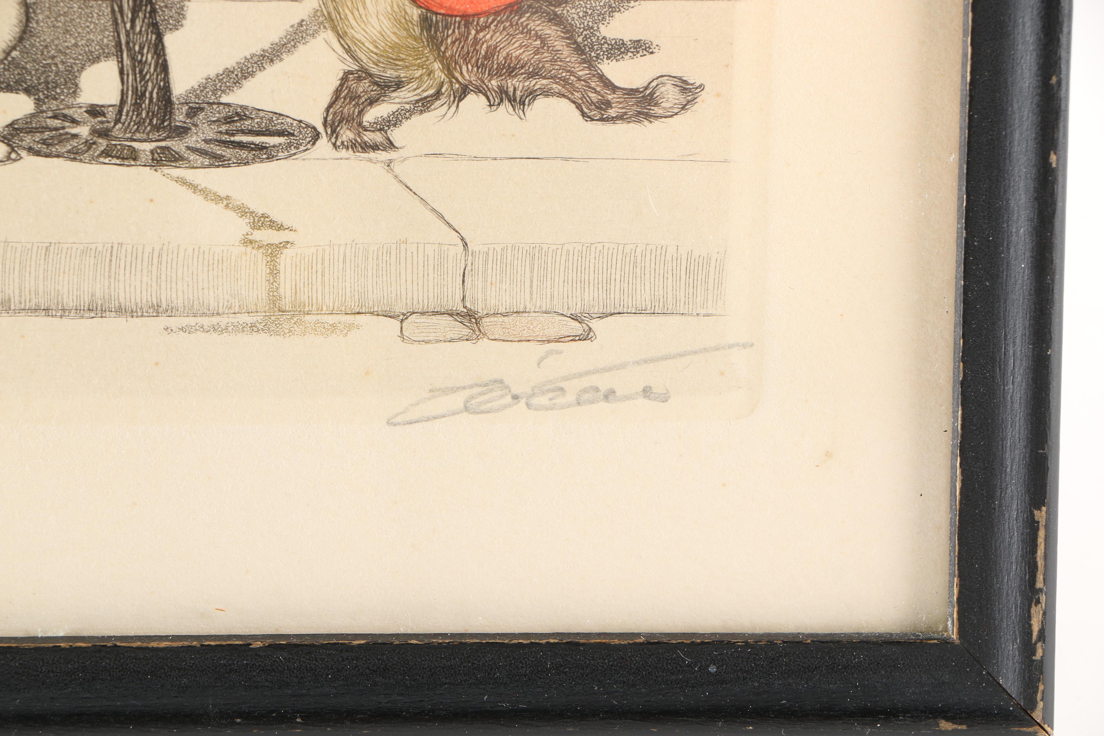 Boris O'Klein Mid Century Hand-Colored Etchings From His "Dirty Dogs of Paris" Series