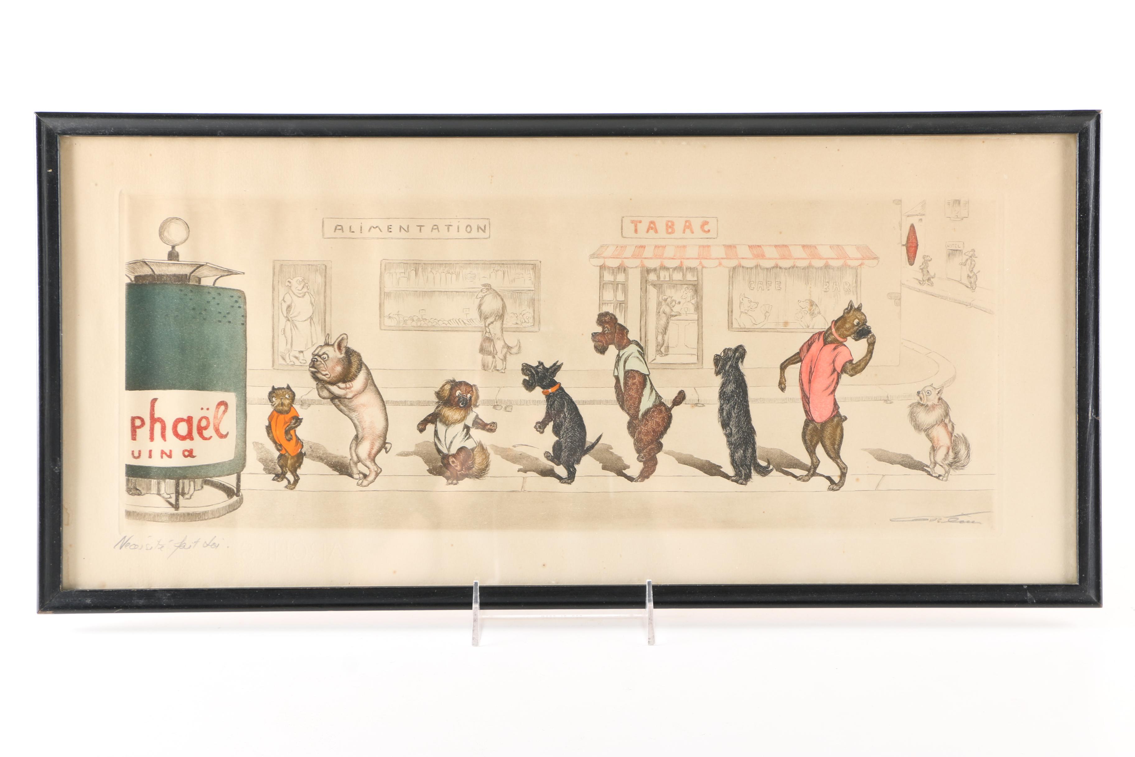 Boris O'Klein Mid Century Hand-Colored Etchings From His "Dirty Dogs of Paris" Series