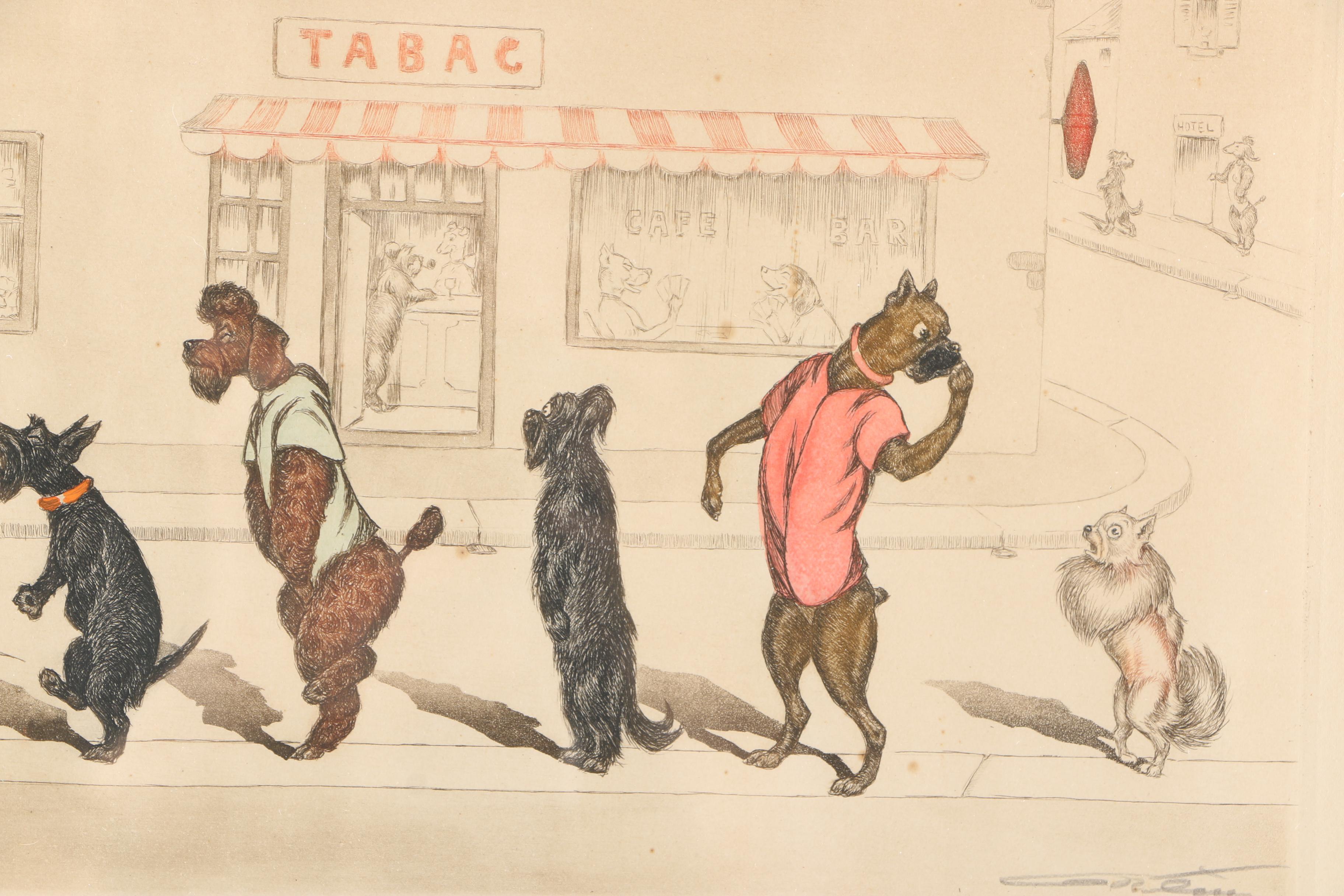 Boris O'Klein Mid Century Hand-Colored Etchings From His "Dirty Dogs of Paris" Series