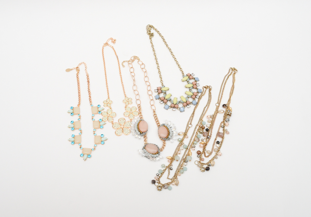 Rhinestone and Beaded Gold Tone Chain Necklaces